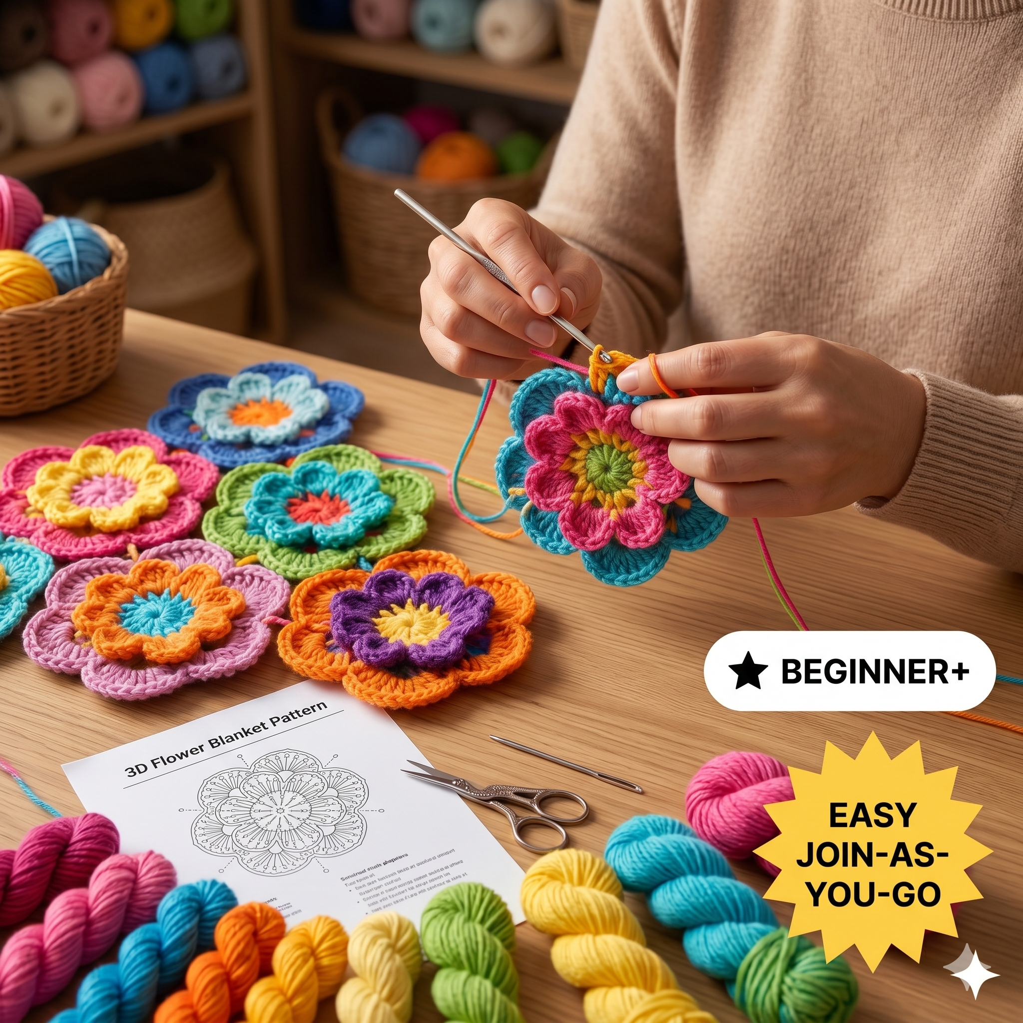 Crochet Flower Blanket Pattern – 3D Floral Granny Square Throw (PDF Download)