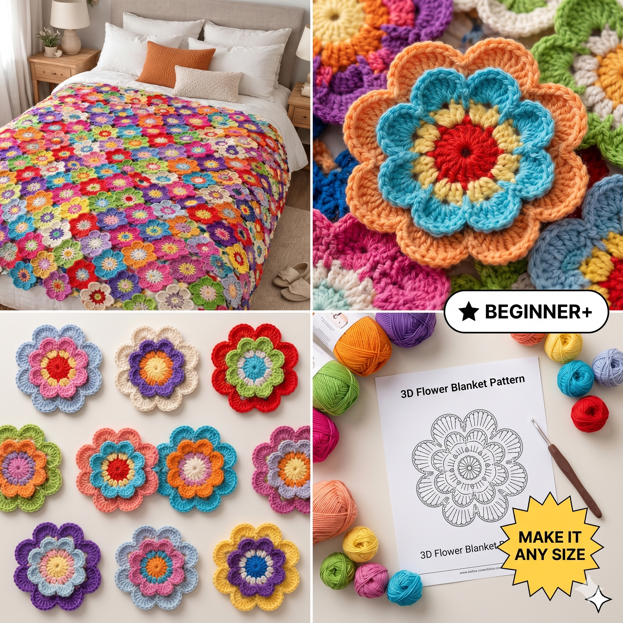 Crochet Flower Blanket Pattern – 3D Floral Granny Square Throw (PDF Download)