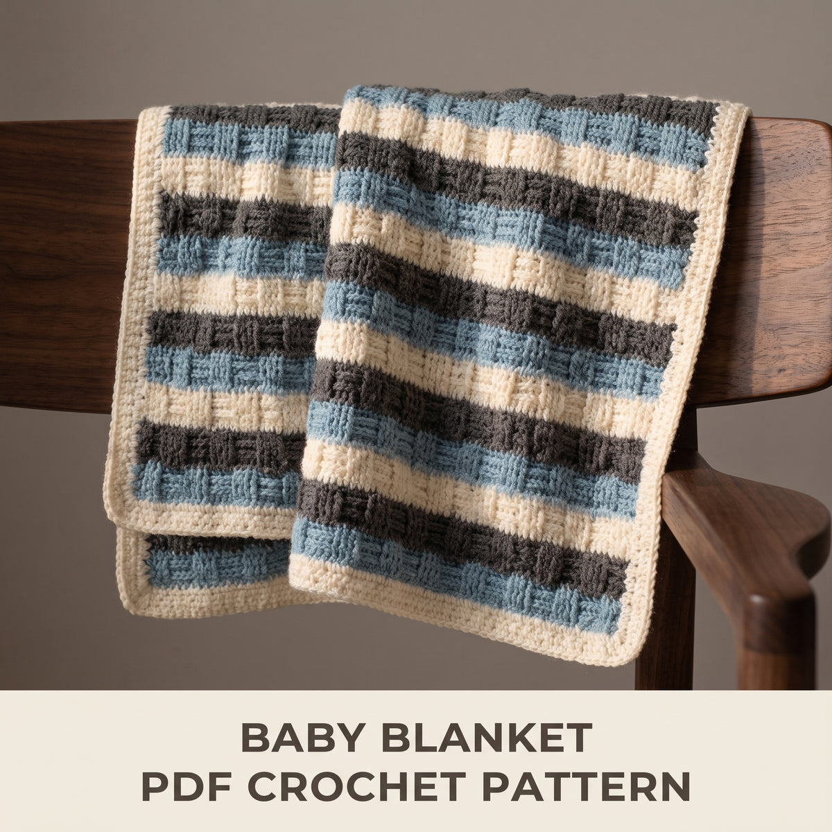 Crochet Baby Blanket Pattern PDF | Striped Basketweave Texture in 3 Colors | Easy, 5 Stitches | 6mm Hook