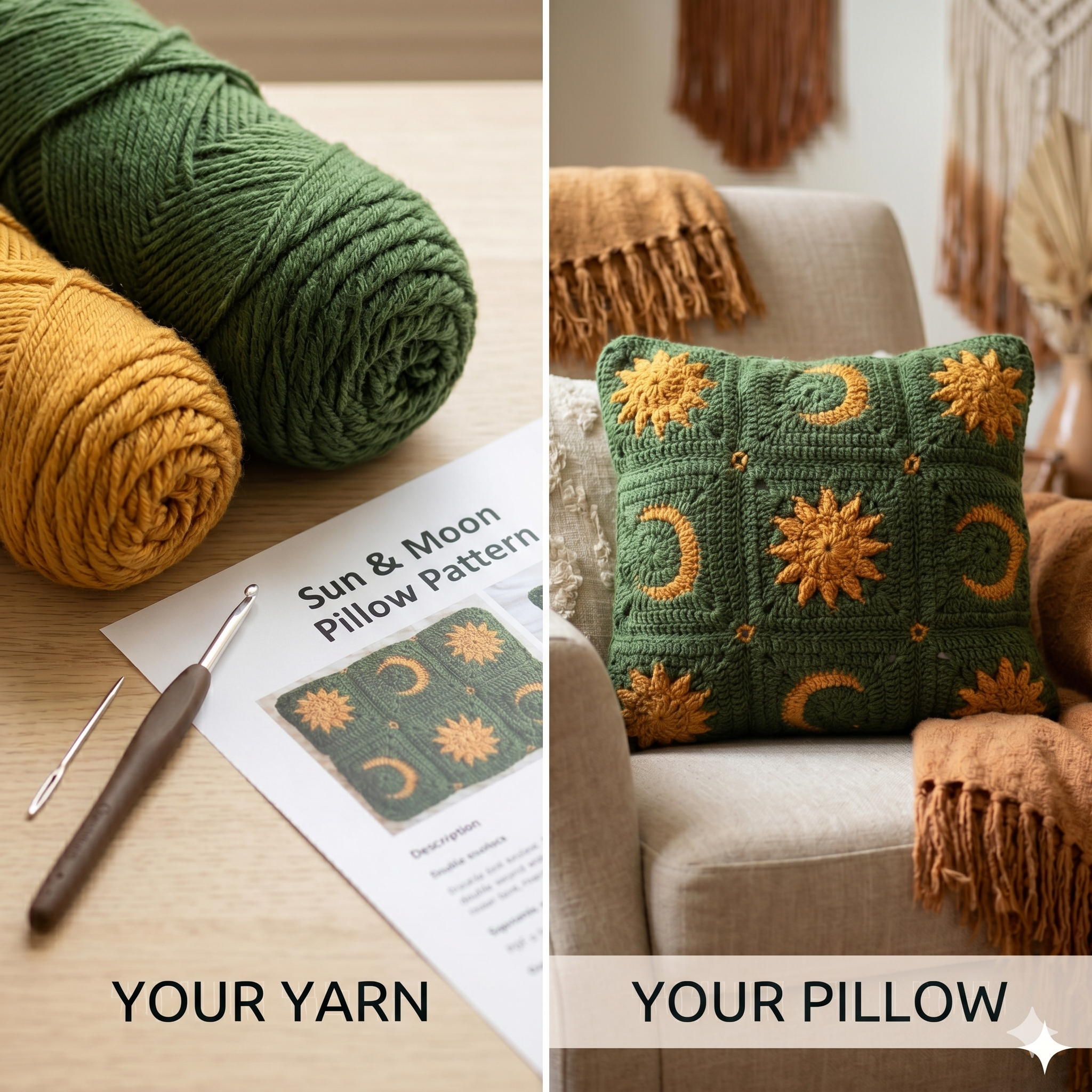 Sun and Moon Celestial Crochet Pillow Pattern – Mustard Yellow and Green Decorative Cushion, PDF Download, Easy Crochet Home Decor,Beginners