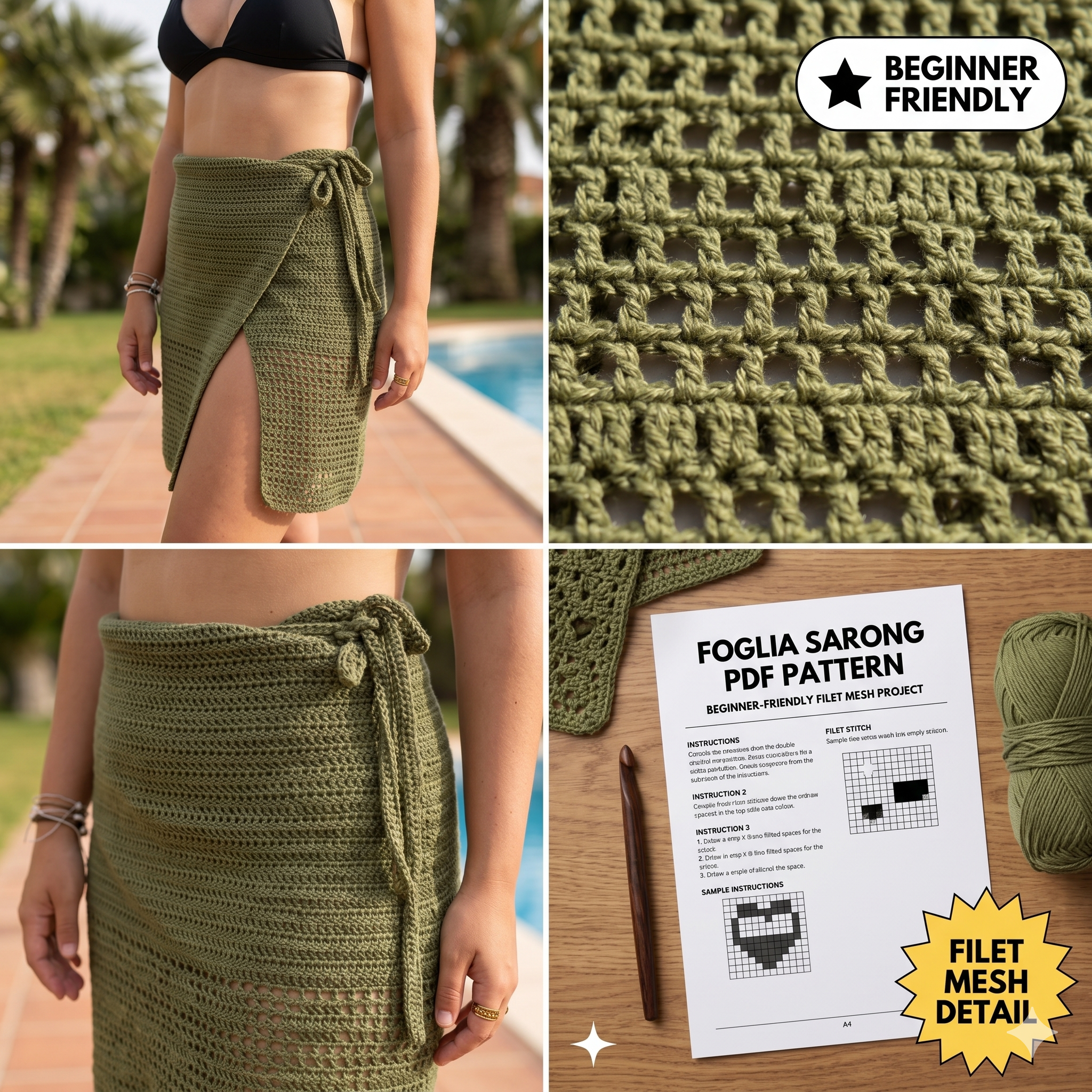 Crochet Beach Sarong Pattern: Beginner Wrap Skirt (PDF Download) - Filet Crochet