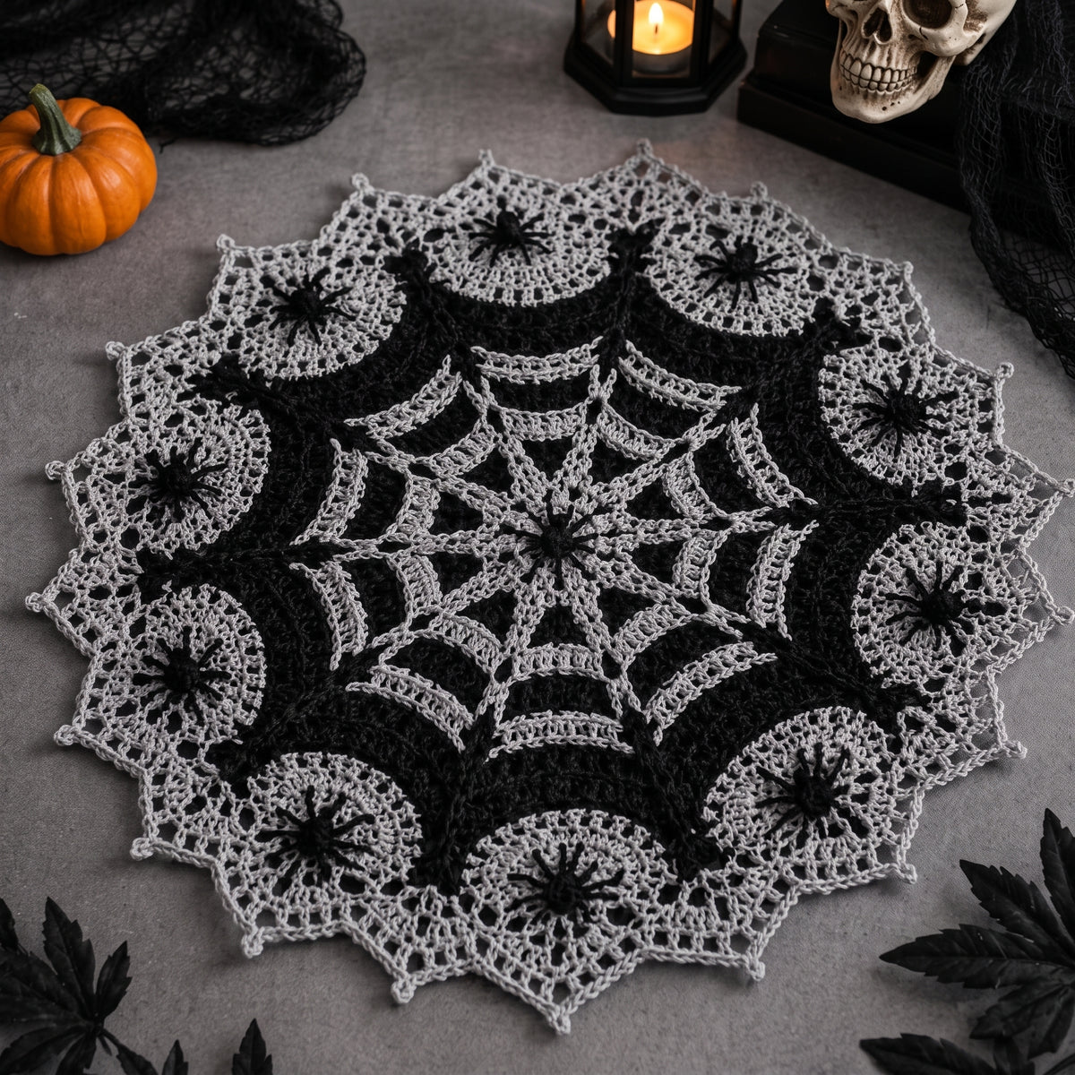 Spiderweb Doily Crochet Pattern | Gothic Halloween Lace Centerpiece in Black & Silver | Thread Crochet | Instant Download PDF