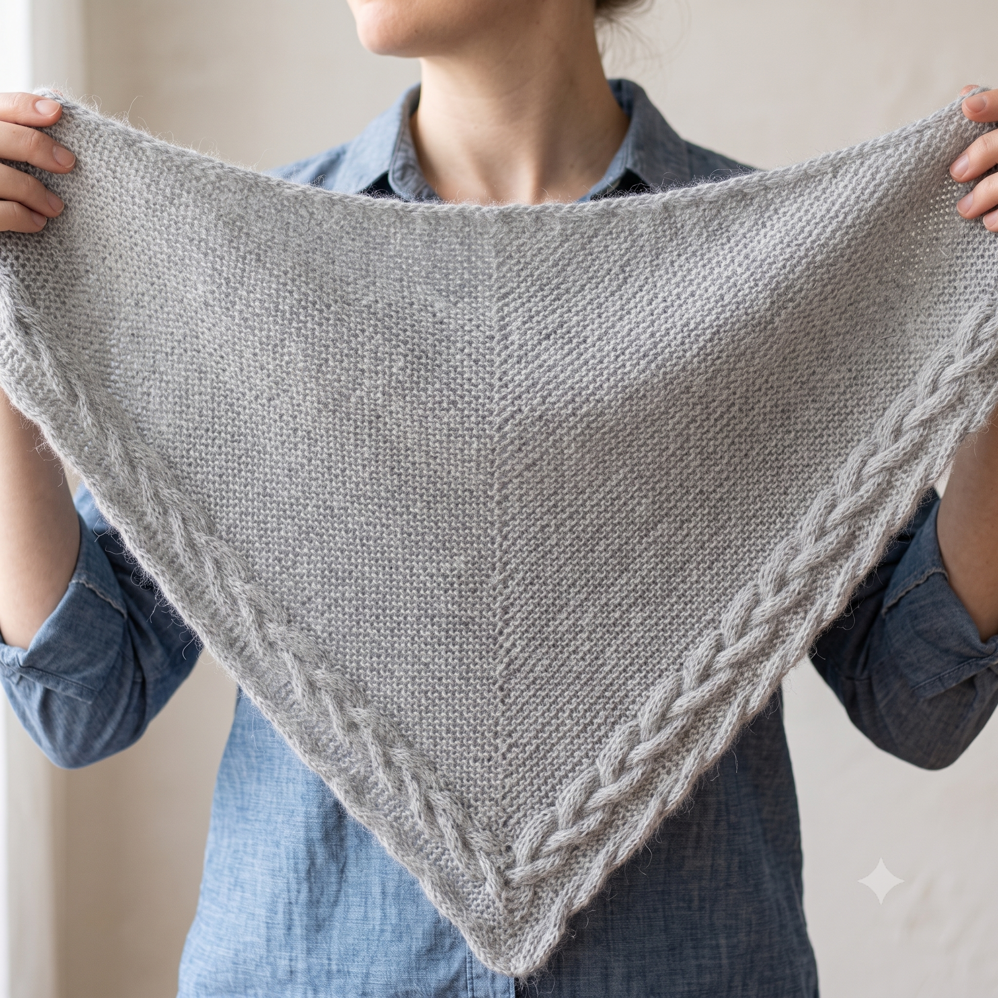 Brad Shawl Knitting Pattern – PDF Triangle Wrap Pattern – 3 Sizes S/M/L – Garter Stitch Bandana Scarf with Cabled Borders – Instant Download