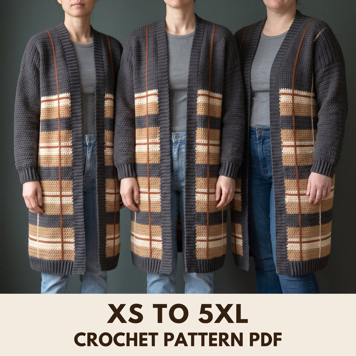 Plaid Long Cardigan Crochet Pattern PDF, Oversized Tartan Duster, Moss Stitch and Surface Crochet, XS to 5XL