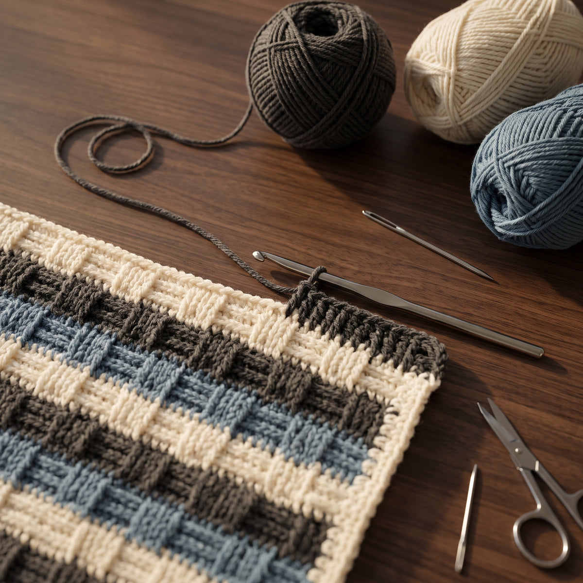 Crochet Baby Blanket Pattern PDF | Striped Basketweave Texture in 3 Colors | Easy, 5 Stitches | 6mm Hook