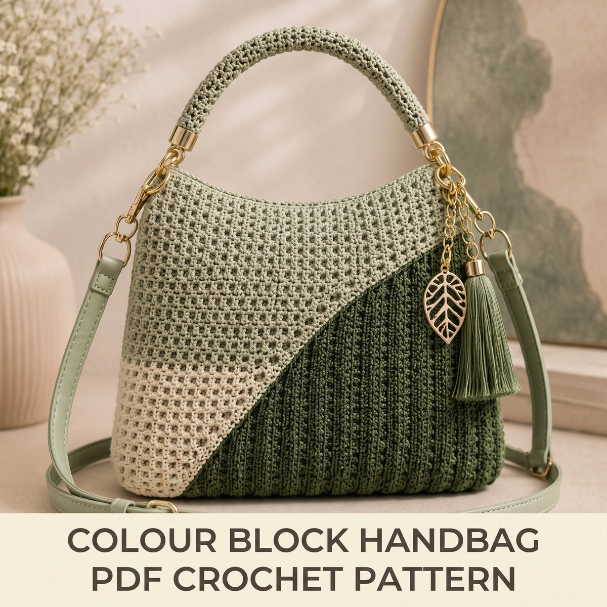 Crochet Handbag Pattern PDF | Colour Block Shoulder Bag with Ribbed Panel, US Terms | Instant Download