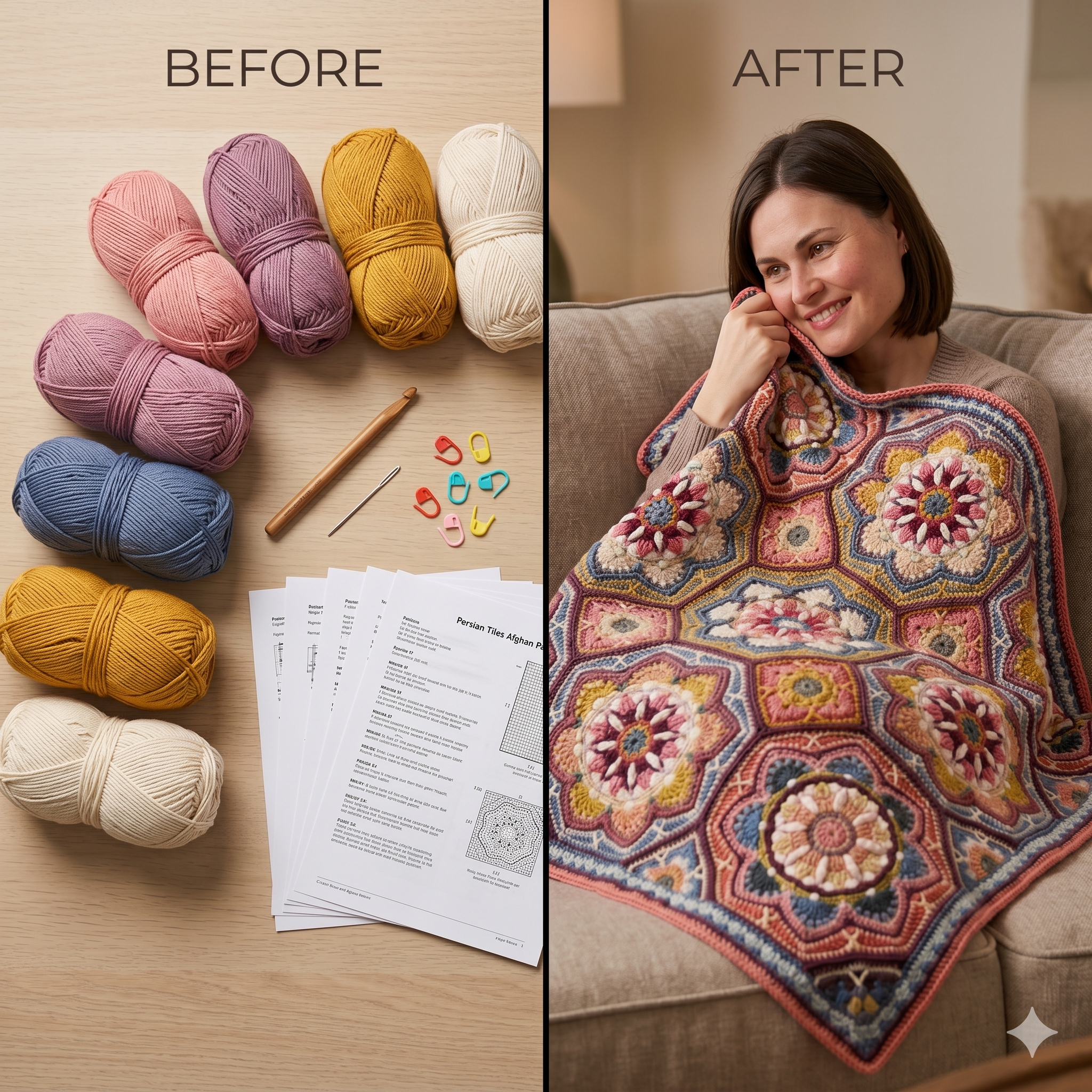 Persian Tiles Crochet Pattern PDF | Hexagon Afghan Blanket Pattern, Colorful Vintage Bedspread, Cotton Granny Blanket, US Terms, Instant Download