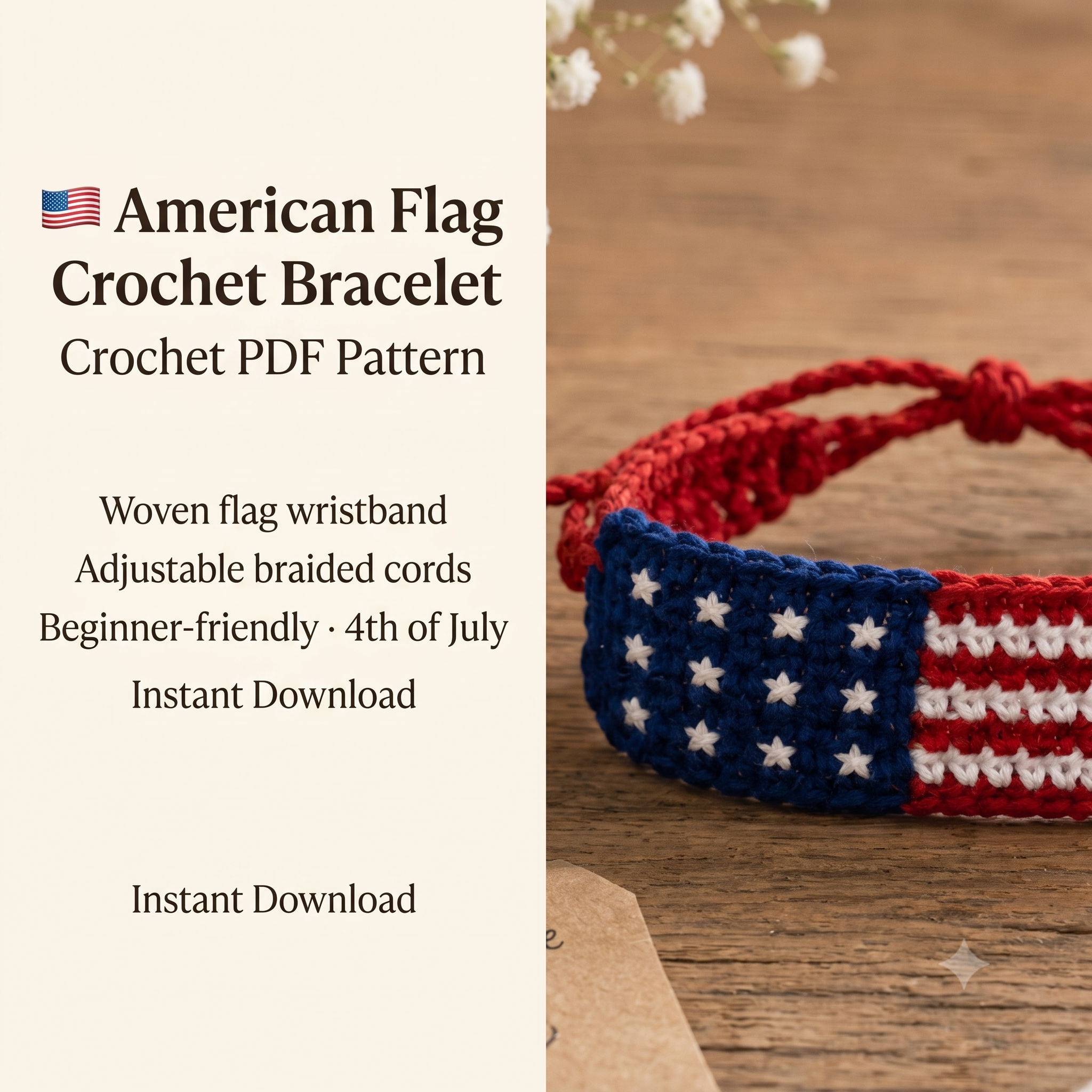 Patriotic Crochet Bracelet Pattern PDF, American Flag Wristband, Red White Blue Friendship Bracelet, 4th of July, Beginner Friendly