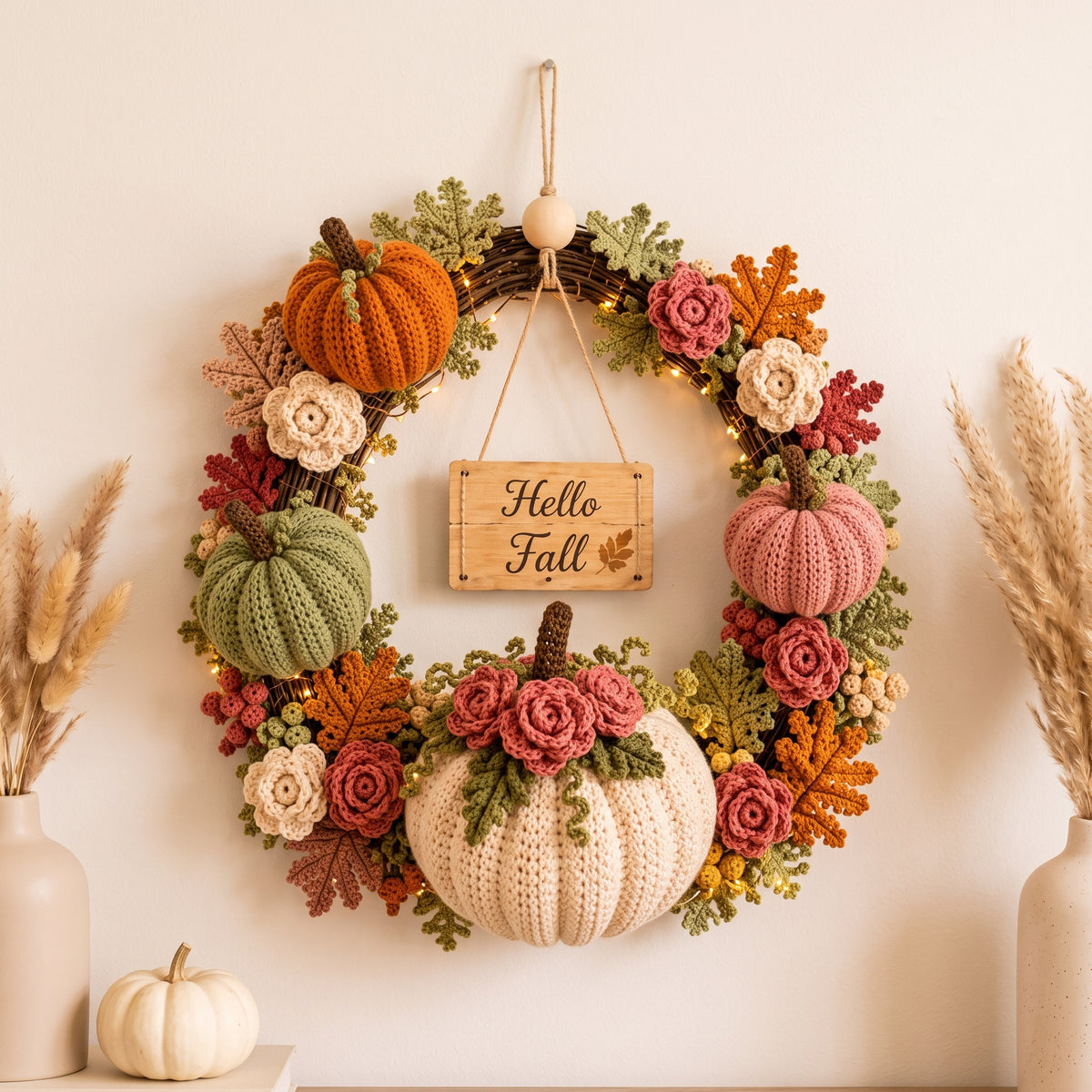 Fall Wreath Crochet Pattern | Pumpkins, Roses & Leaves in One Pattern | 16-18 inch Autumn Door Wreath | Instant Download PDF