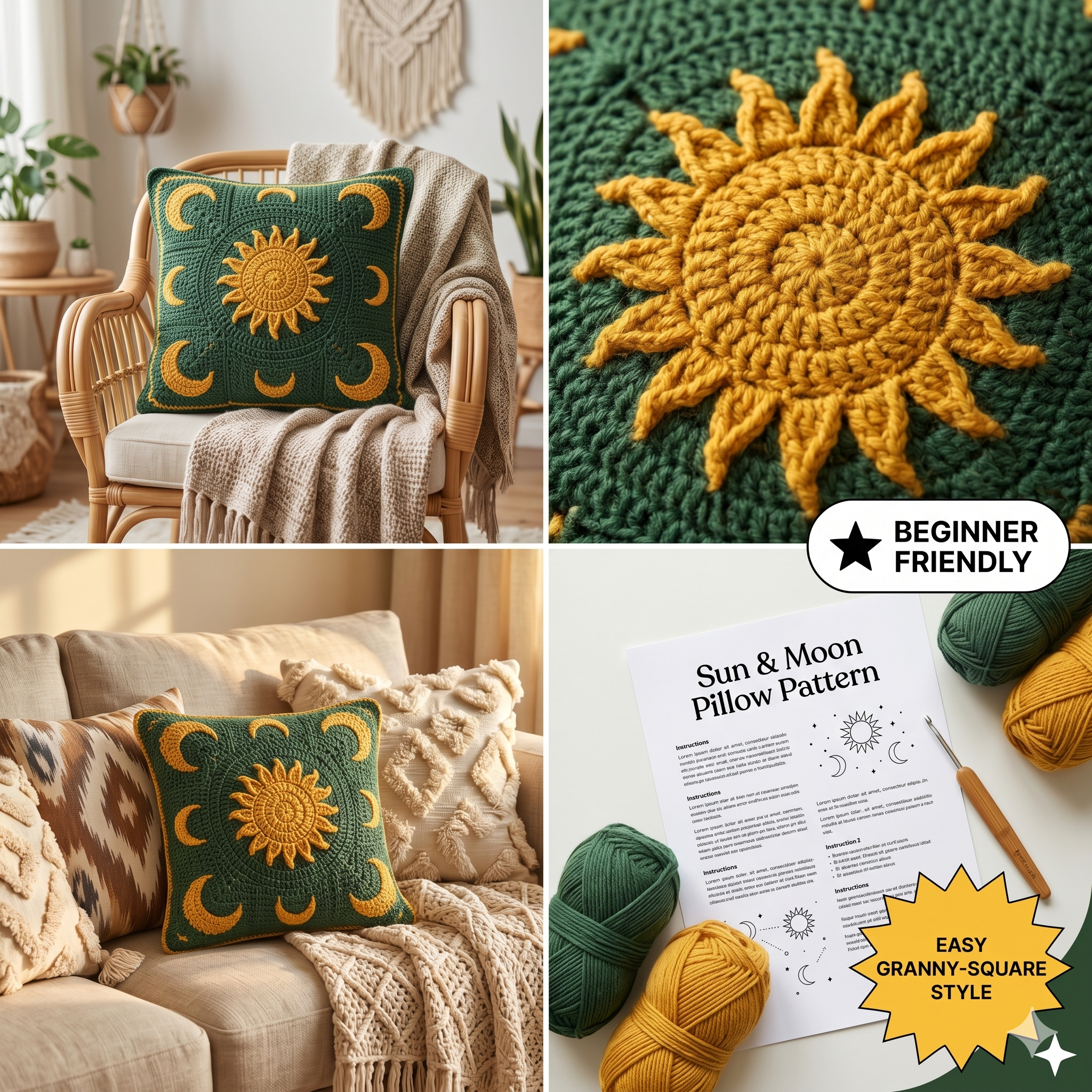 Sun and Moon Celestial Crochet Pillow Pattern – Mustard Yellow and Green Decorative Cushion, PDF Download, Easy Crochet Home Decor,Beginners