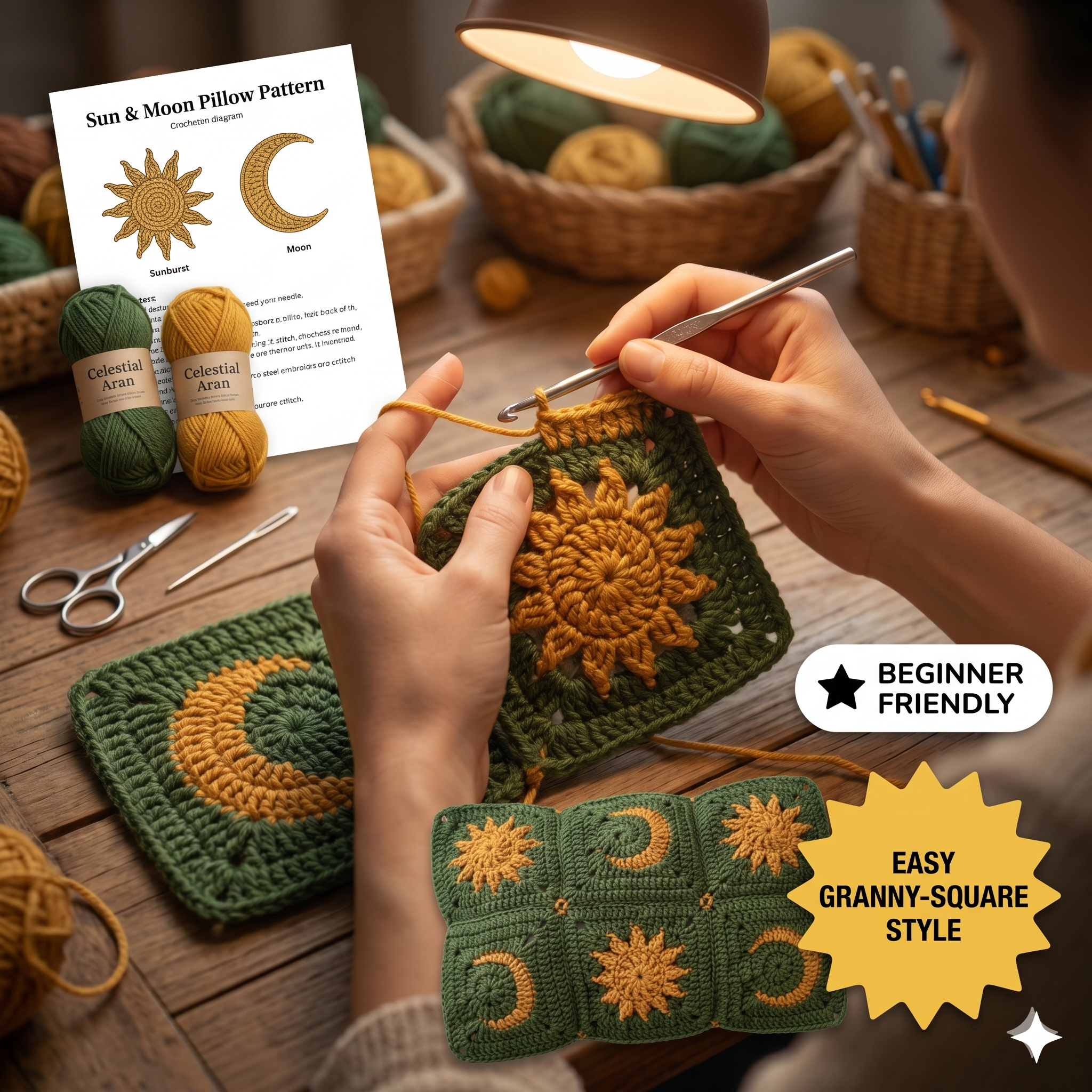 Sun and Moon Celestial Crochet Pillow Pattern – Mustard Yellow and Green Decorative Cushion, PDF Download, Easy Crochet Home Decor,Beginners