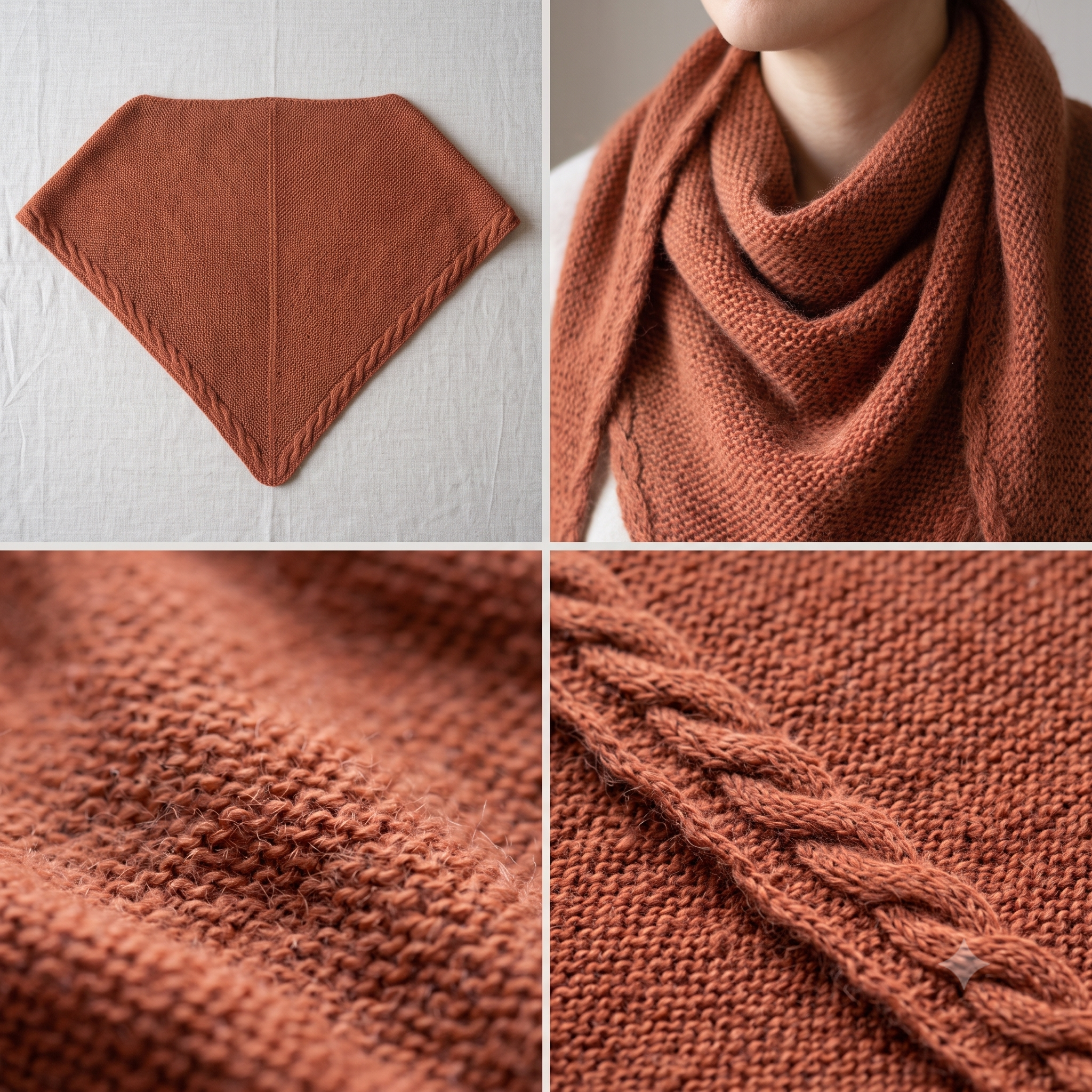 Brad Shawl Knitting Pattern – PDF Triangle Wrap Pattern – 3 Sizes S/M/L – Garter Stitch Bandana Scarf with Cabled Borders – Instant Download