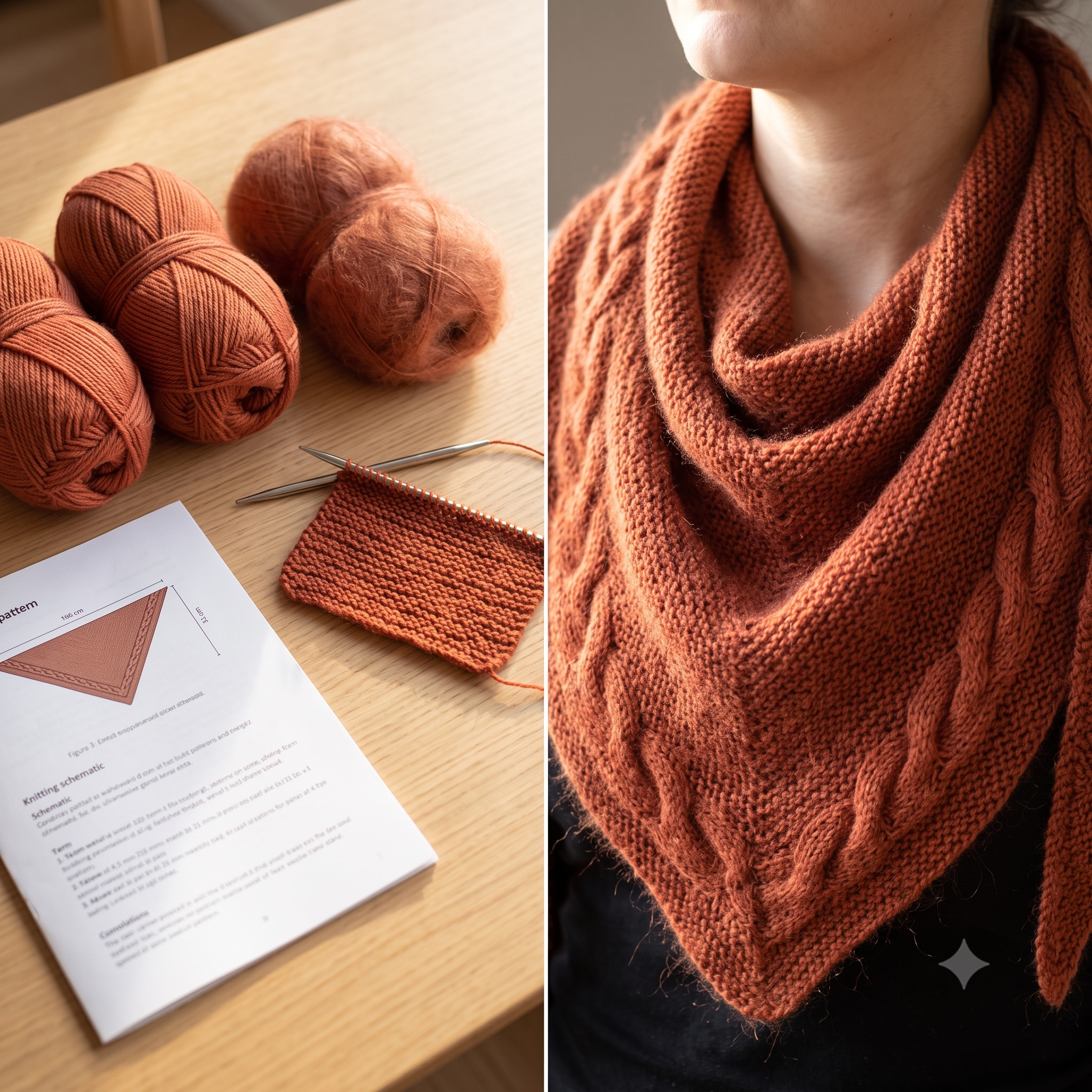 Brad Shawl Knitting Pattern – PDF Triangle Wrap Pattern – 3 Sizes S/M/L – Garter Stitch Bandana Scarf with Cabled Borders – Instant Download