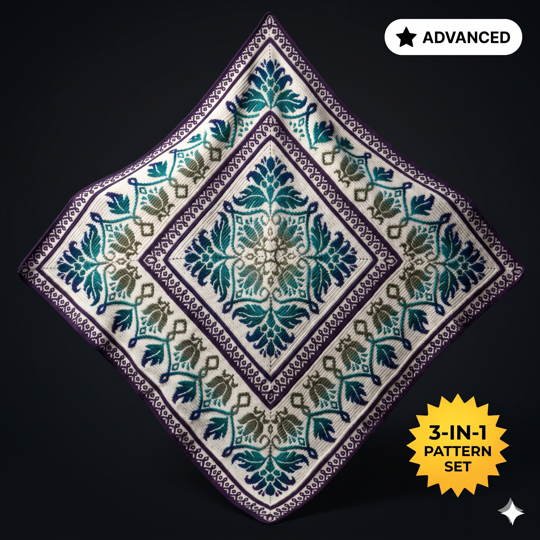 3 in 1 Petalique Crochet PATTERN Set - Blanket, Pillow/ Wall Hanging, Bag/ Cushion - Overlay Mosaic (PDF)