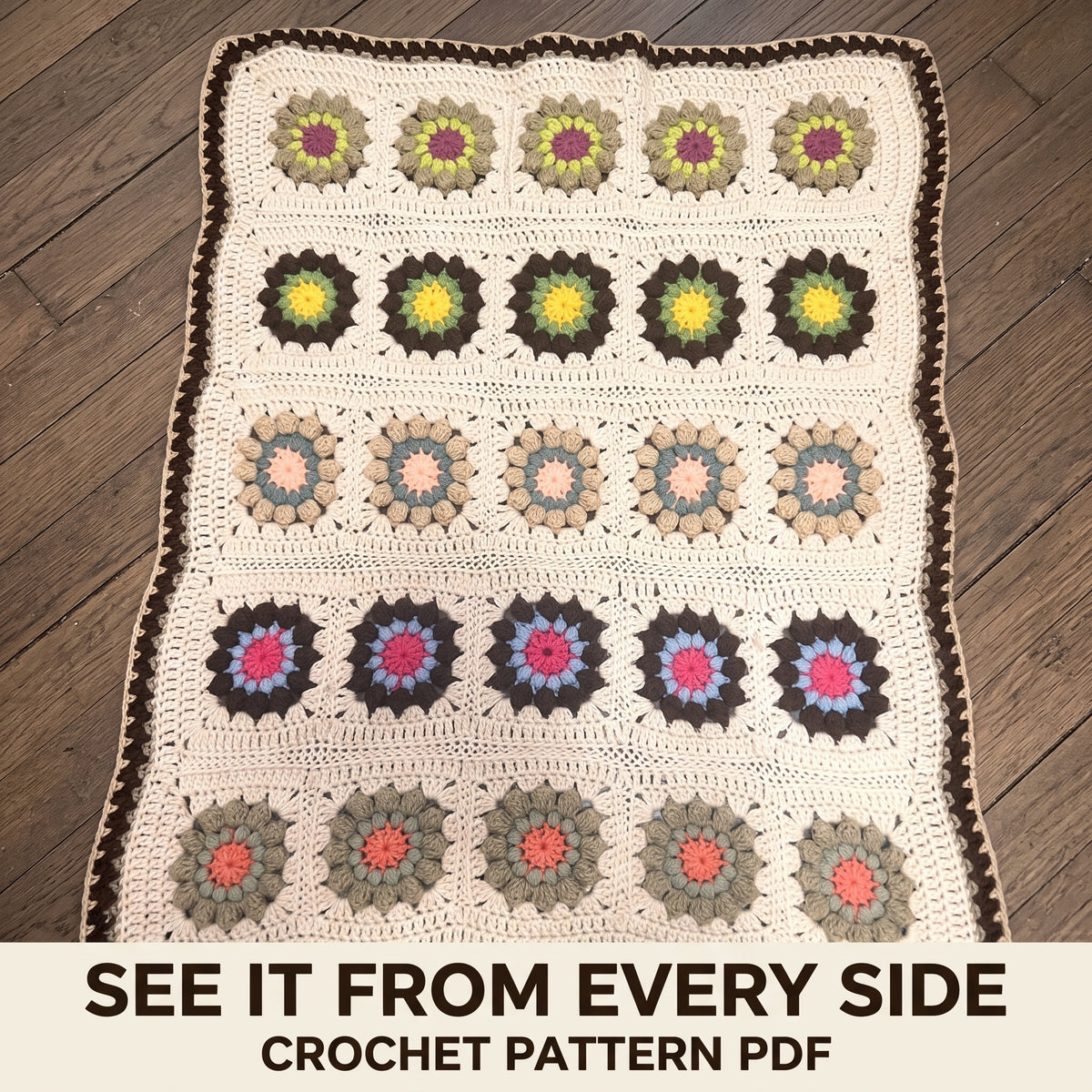 Vintage Granny Square Blanket Crochet Pattern PDF, Puff Flower Squares on Cream with Chocolate Edge, Retro Afghan
