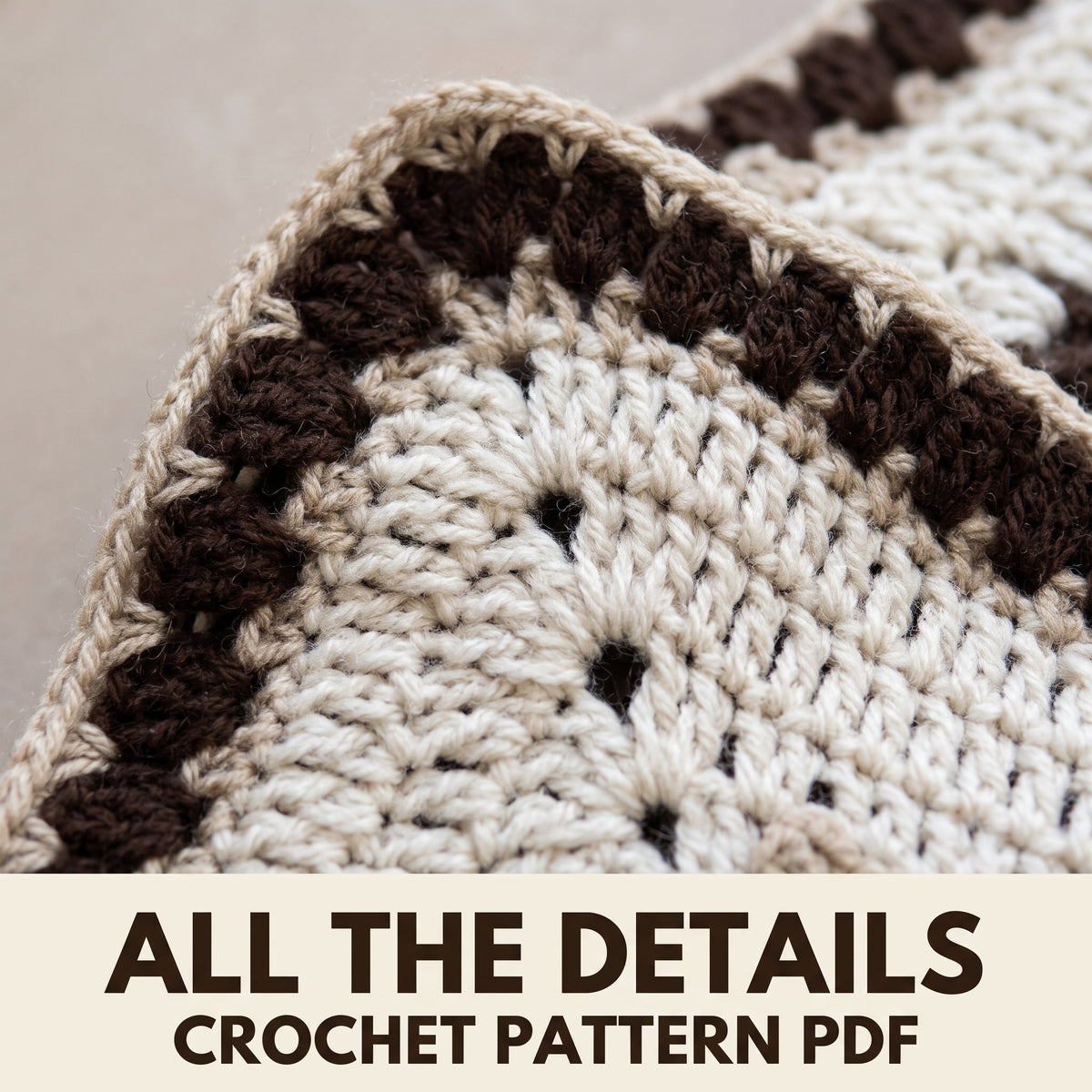 Vintage Granny Square Blanket Crochet Pattern PDF, Puff Flower Squares on Cream with Chocolate Edge, Retro Afghan