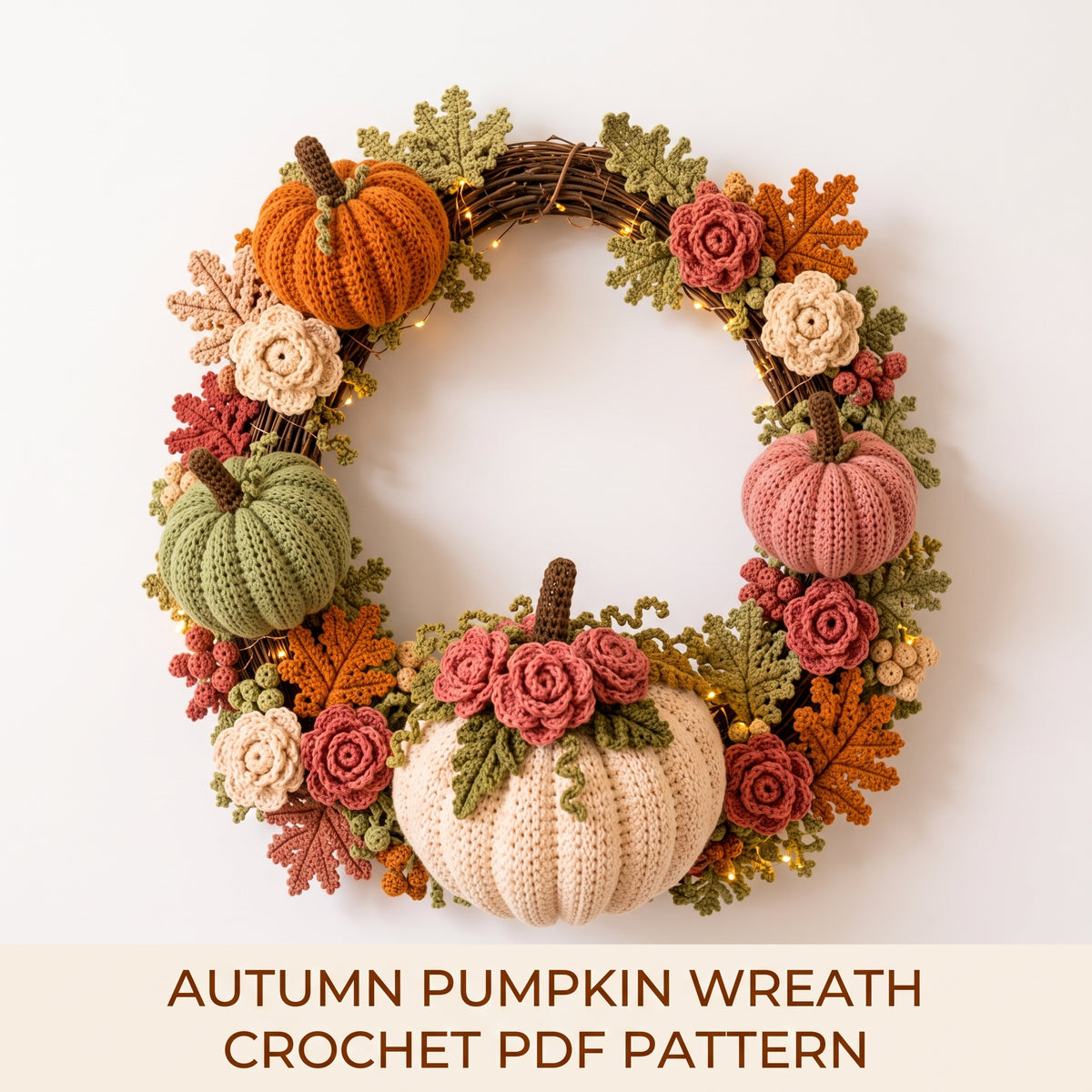 Fall Wreath Crochet Pattern | Pumpkins, Roses & Leaves in One Pattern | 16-18 inch Autumn Door Wreath | Instant Download PDF