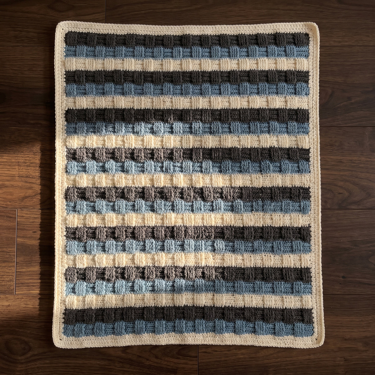 Crochet Baby Blanket Pattern PDF | Striped Basketweave Texture in 3 Colors | Easy, 5 Stitches | 6mm Hook