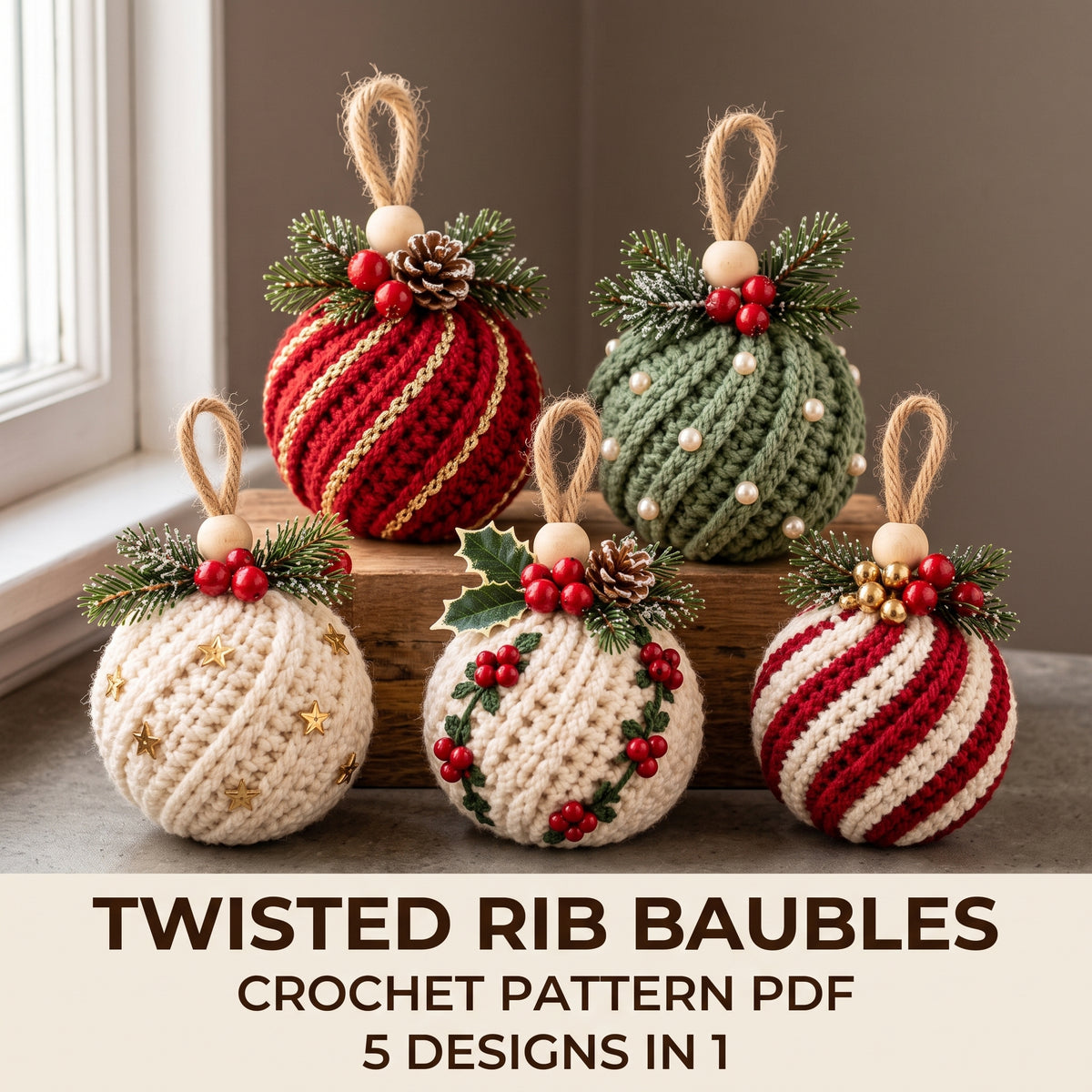 Christmas Bauble Crochet Pattern PDF, 5 in 1 Twisted Rib Ornaments, Crochet Christmas Tree Decorations
