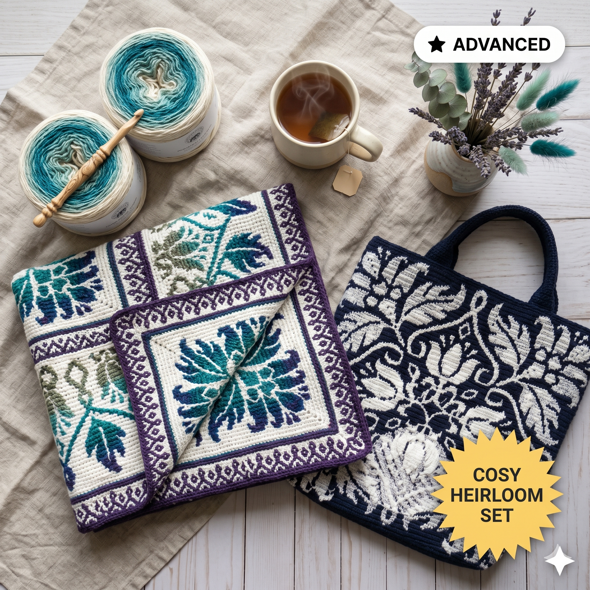 3 in 1 Petalique Crochet PATTERN Set - Blanket, Pillow/ Wall Hanging, Bag/ Cushion - Overlay Mosaic (PDF)