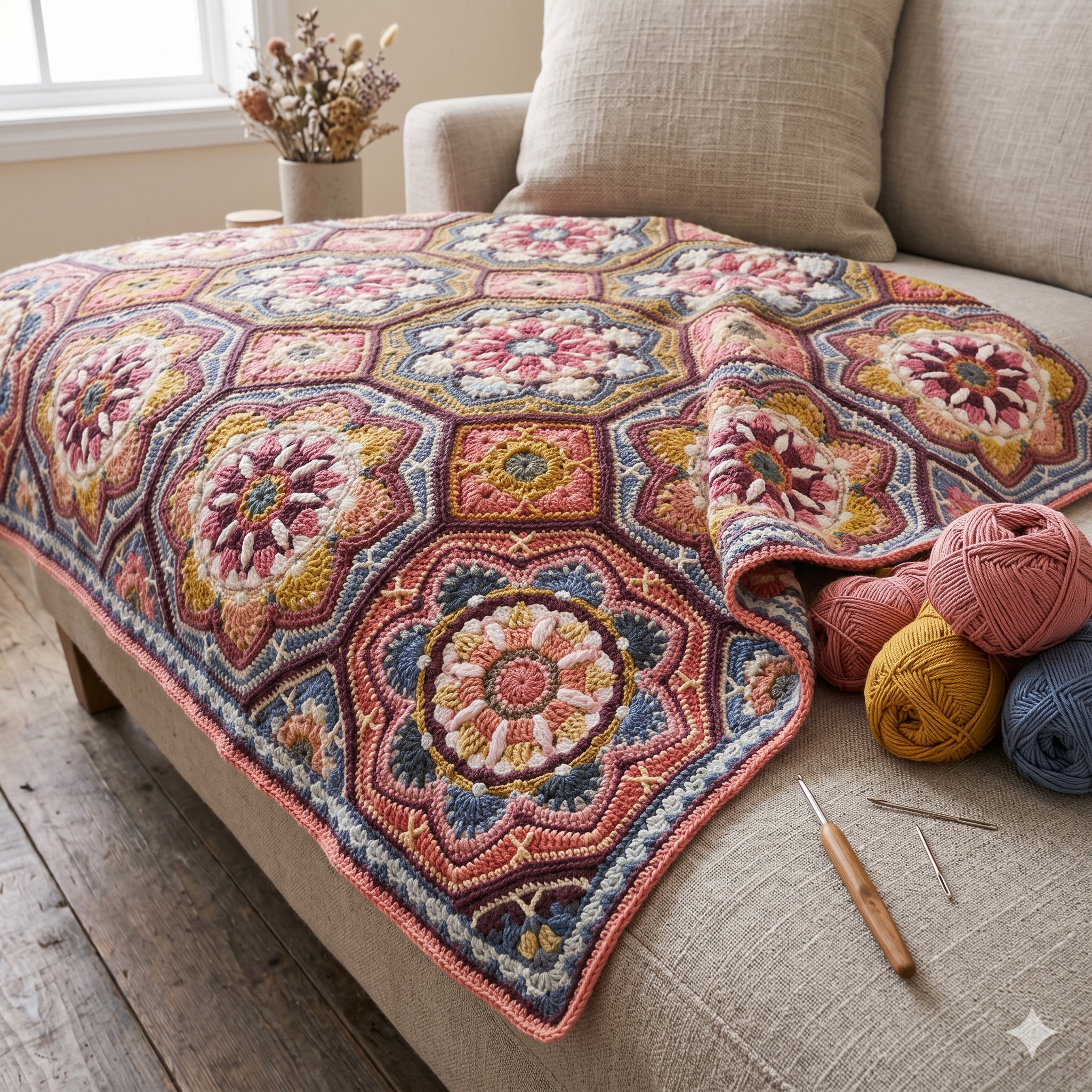 Persian Tiles Crochet Pattern PDF | Hexagon Afghan Blanket Pattern, Colorful Vintage Bedspread, Cotton Granny Blanket, US Terms, Instant Download