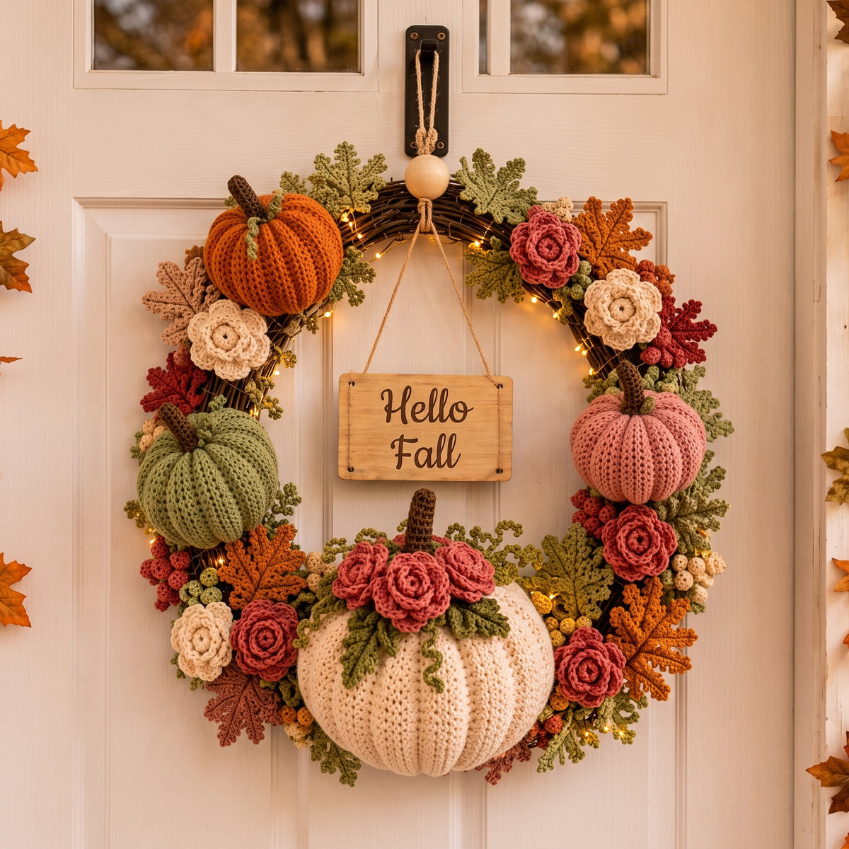 Fall Wreath Crochet Pattern | Pumpkins, Roses & Leaves in One Pattern | 16-18 inch Autumn Door Wreath | Instant Download PDF