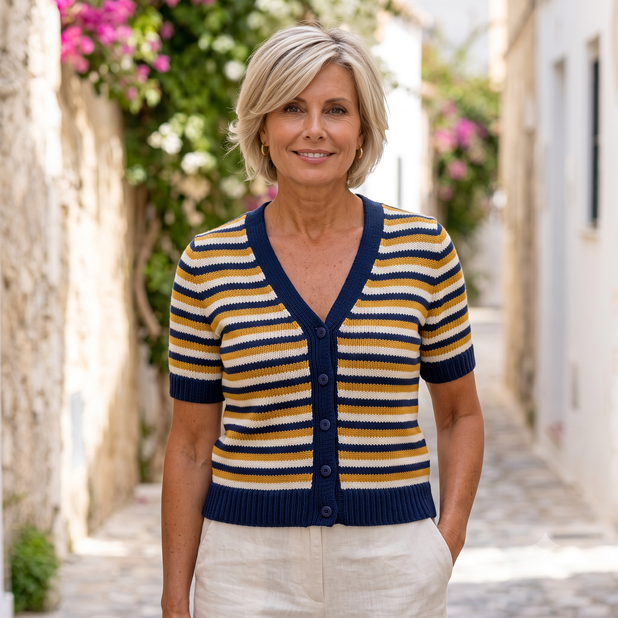 Striped Cardigan Knitting Pattern PDF – Top-Down V-Neck Sweater – Beginner-Friendly Seamless Knit – Fitted Merino Cardigan with Continuous Stripes – Instant Download