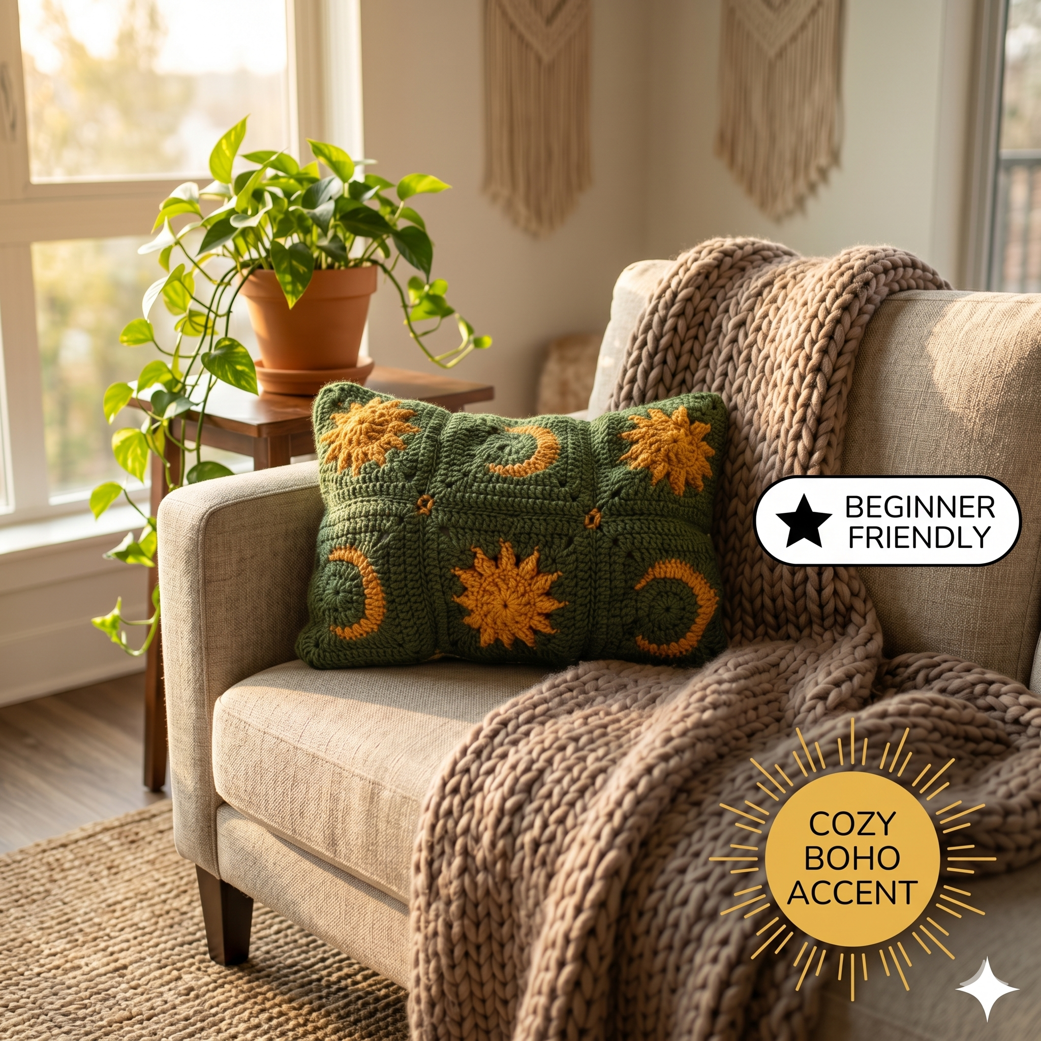 Sun and Moon Celestial Crochet Pillow Pattern – Mustard Yellow and Green Decorative Cushion, PDF Download, Easy Crochet Home Decor,Beginners