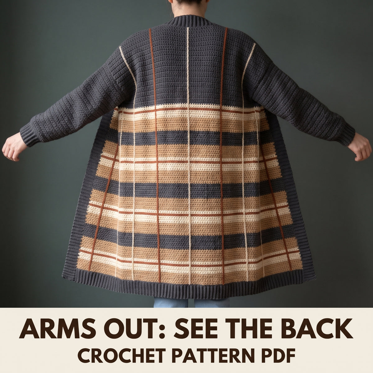 Plaid Long Cardigan Crochet Pattern PDF, Oversized Tartan Duster, Moss Stitch and Surface Crochet, XS to 5XL
