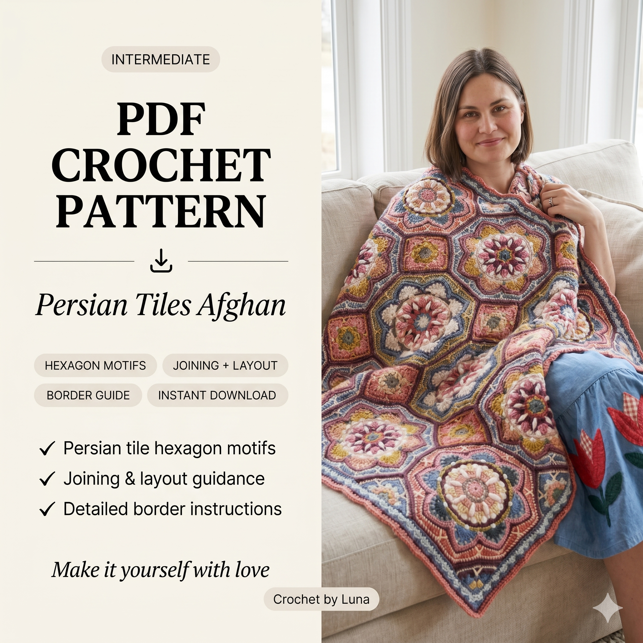 Persian Tiles Crochet Pattern PDF | Hexagon Afghan Blanket Pattern, Colorful Vintage Bedspread, Cotton Granny Blanket, US Terms, Instant Download
