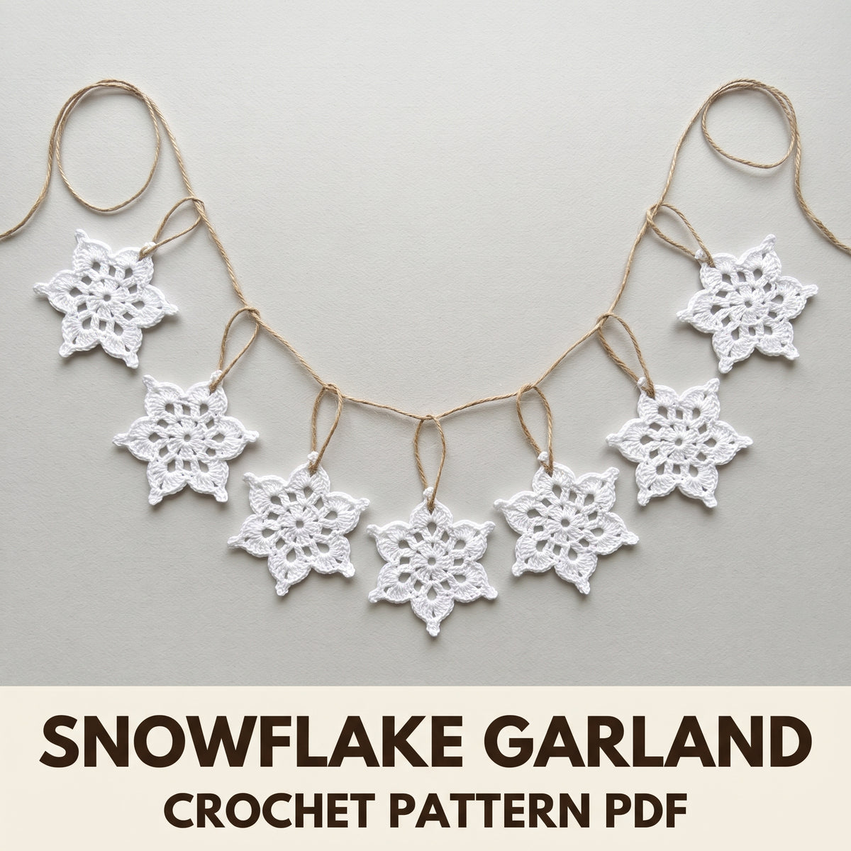 Snowflake Garland Crochet Pattern PDF, White Cotton Christmas Bunting on Jute Twine, Nine Lace Snowflakes
