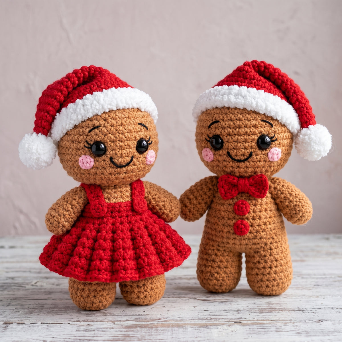 Gingerbread Couple Crochet Pattern PDF, Boy and Girl Amigurumi Dolls with Santa Hats, Bobble Dress and Bow Tie, Christmas Decor