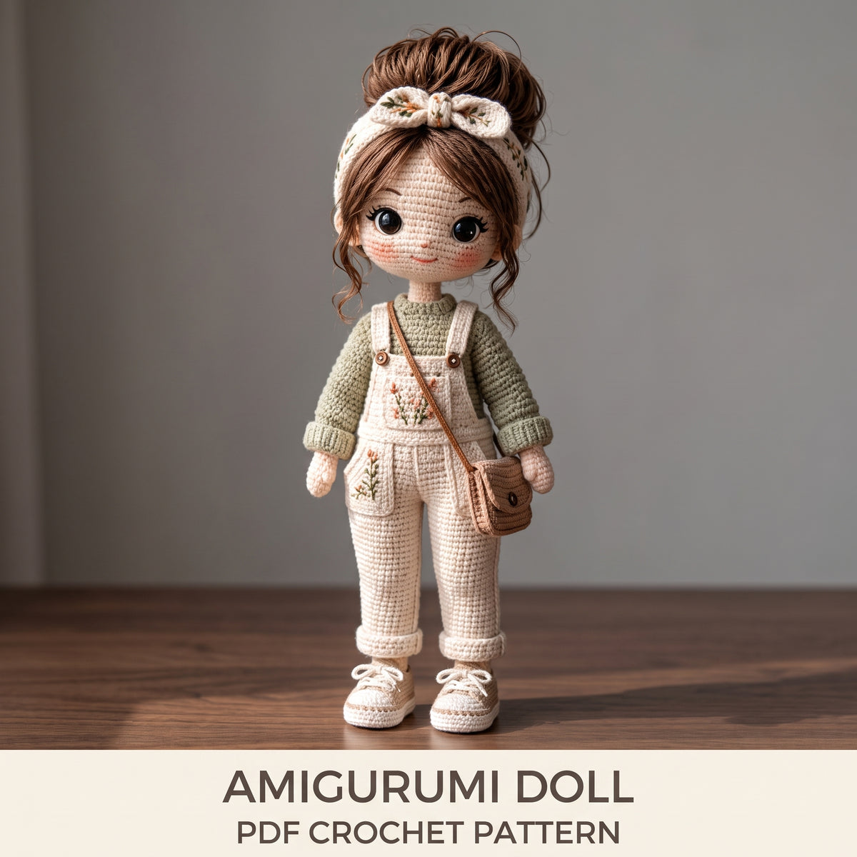 Crochet Doll Pattern PDF | Amigurumi Doll with Removable Clothes | Sweater, Overalls, Shoes & Bag | Seamless Body