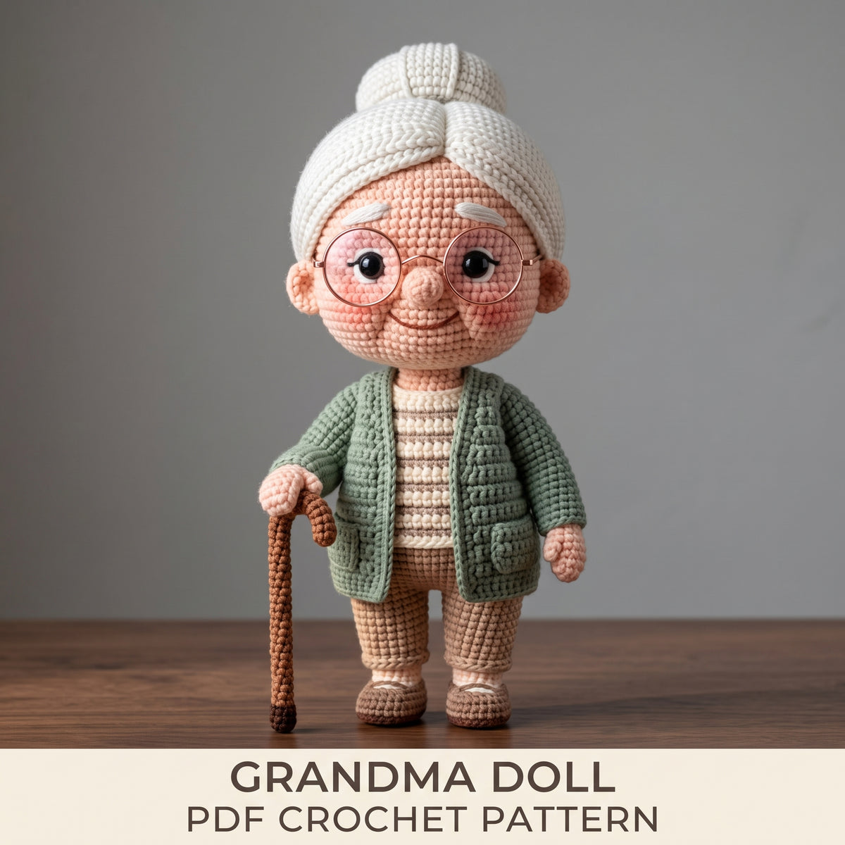 Crochet Grandma Doll Pattern PDF | Amigurumi Grandmother with Glasses, Cardigan & Cane | US Terms | Keepsake Gift
