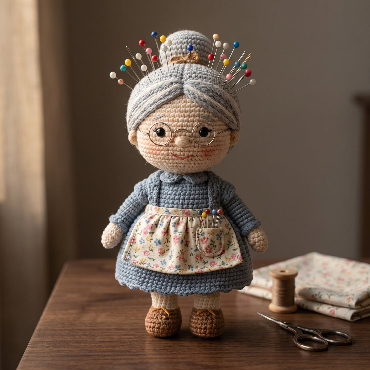 Crochet Pin Cushion Doll Pattern PDF | Amigurumi Grandma with Bun Pincushion | 28 cm Doll | Gift for Sewists