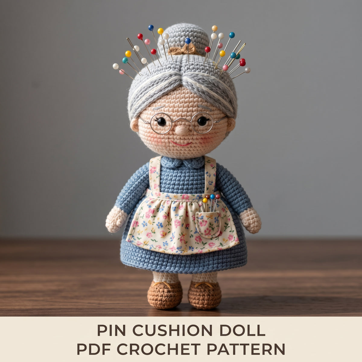 Crochet Pin Cushion Doll Pattern PDF | Amigurumi Grandma with Bun Pincushion | 28 cm Doll | Gift for Sewists