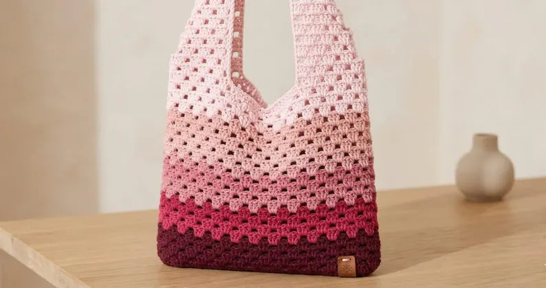 Granny Stitch Tote Bag Crochet Pattern, Ombre Pink Market Bag (PDF Download)