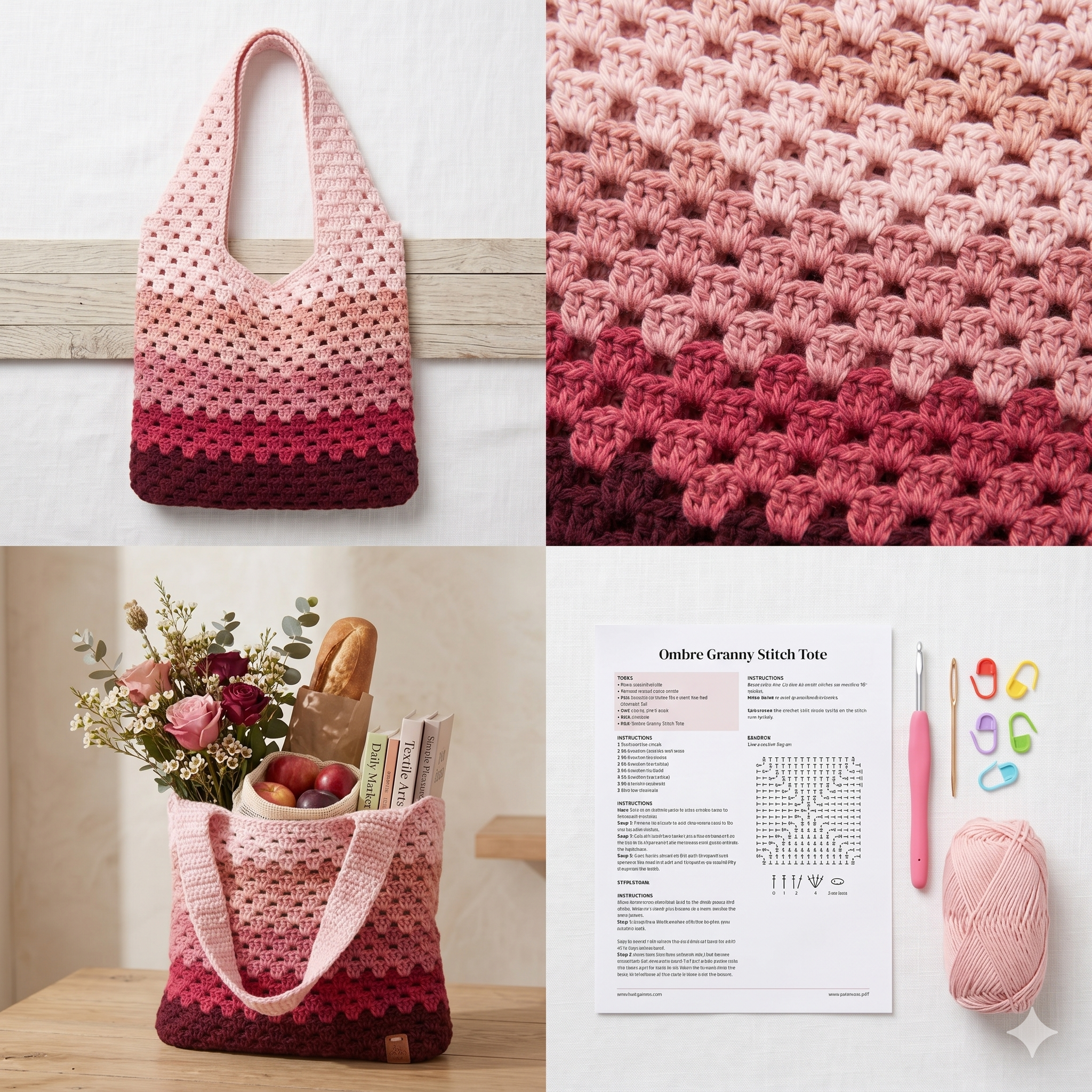 Granny Stitch Tote Bag Crochet Pattern, Ombre Pink Market Bag (PDF Download)