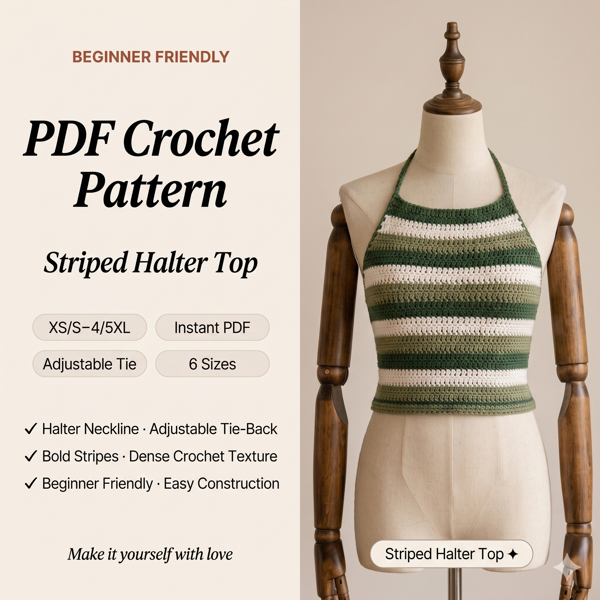 Green Halter Top Crochet Pattern PDF | Summer Crop Top | XS/S, M, L, XL, 2/3XL, 4/5XL Inclusive | Beginner Friendly | Boho Striped Top