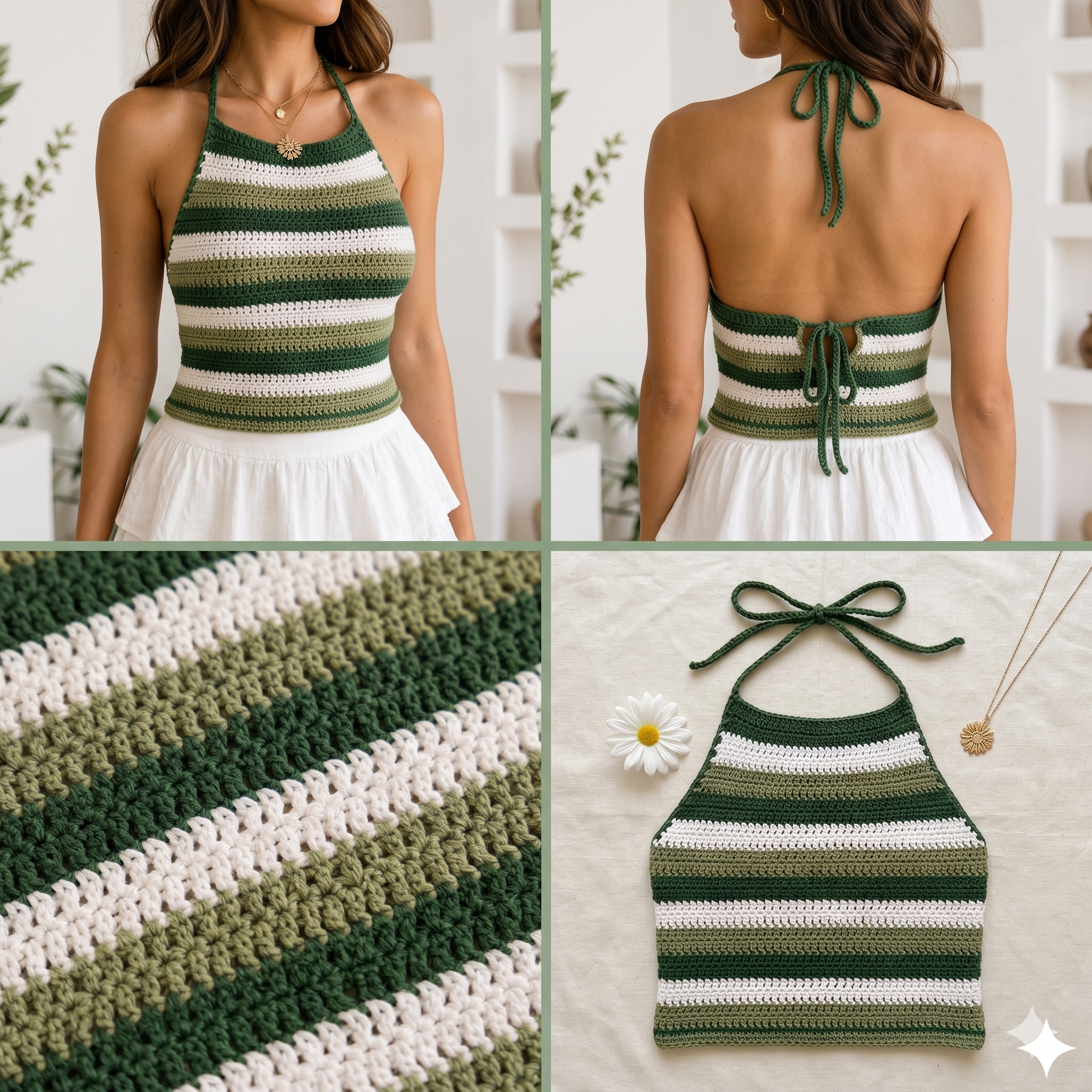 Green Halter Top Crochet Pattern PDF | Summer Crop Top | XS/S, M, L, XL, 2/3XL, 4/5XL Inclusive | Beginner Friendly | Boho Striped Top