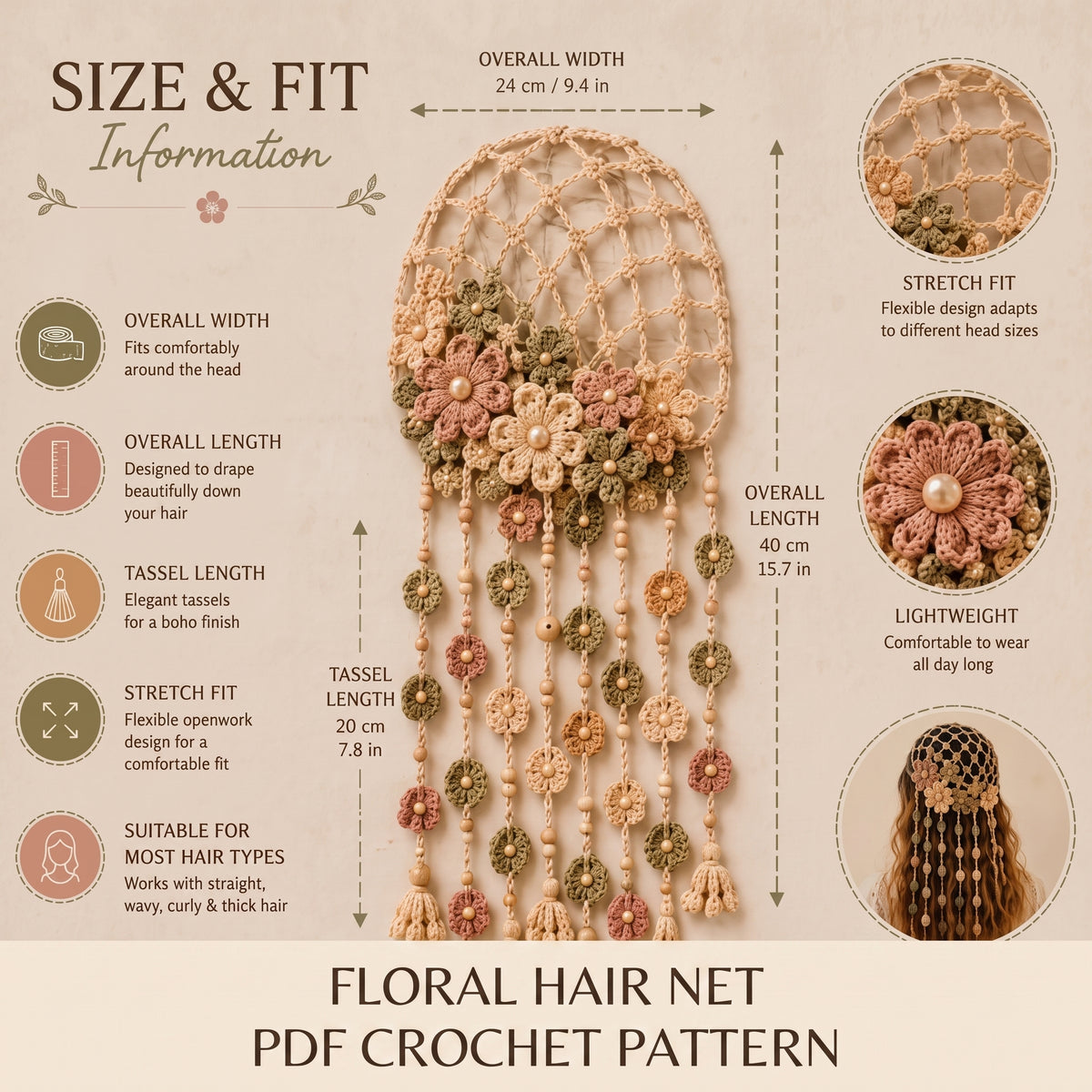 Crochet Hair Net Pattern PDF | Floral Snood Headpiece with Beads & Tassels, Boho Bridal Accessory