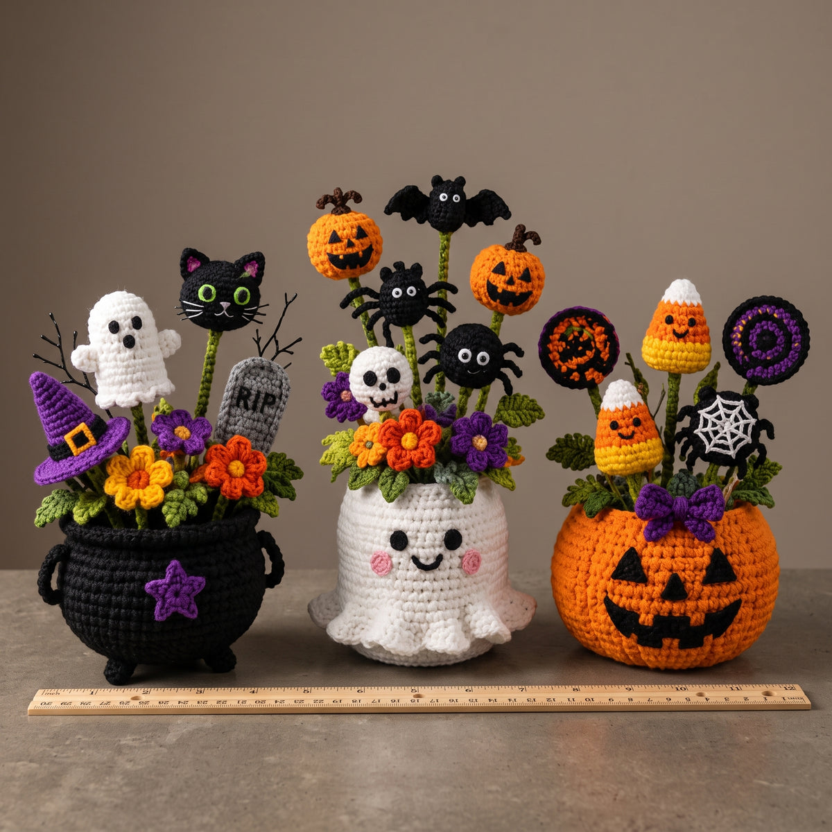 Halloween Crochet Pattern PDF, 3 Flower Pot Planters, Ghost Pumpkin