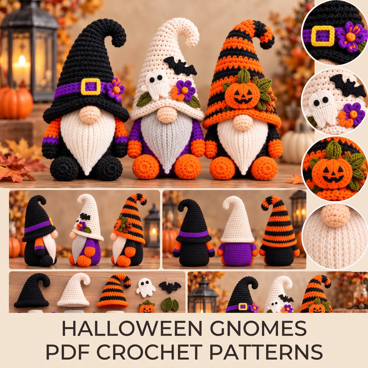 Halloween Gnome Crochet Pattern PDF | 3 Patterns — Witch, Ghost, Pumpkin Gnome | English German Spanish