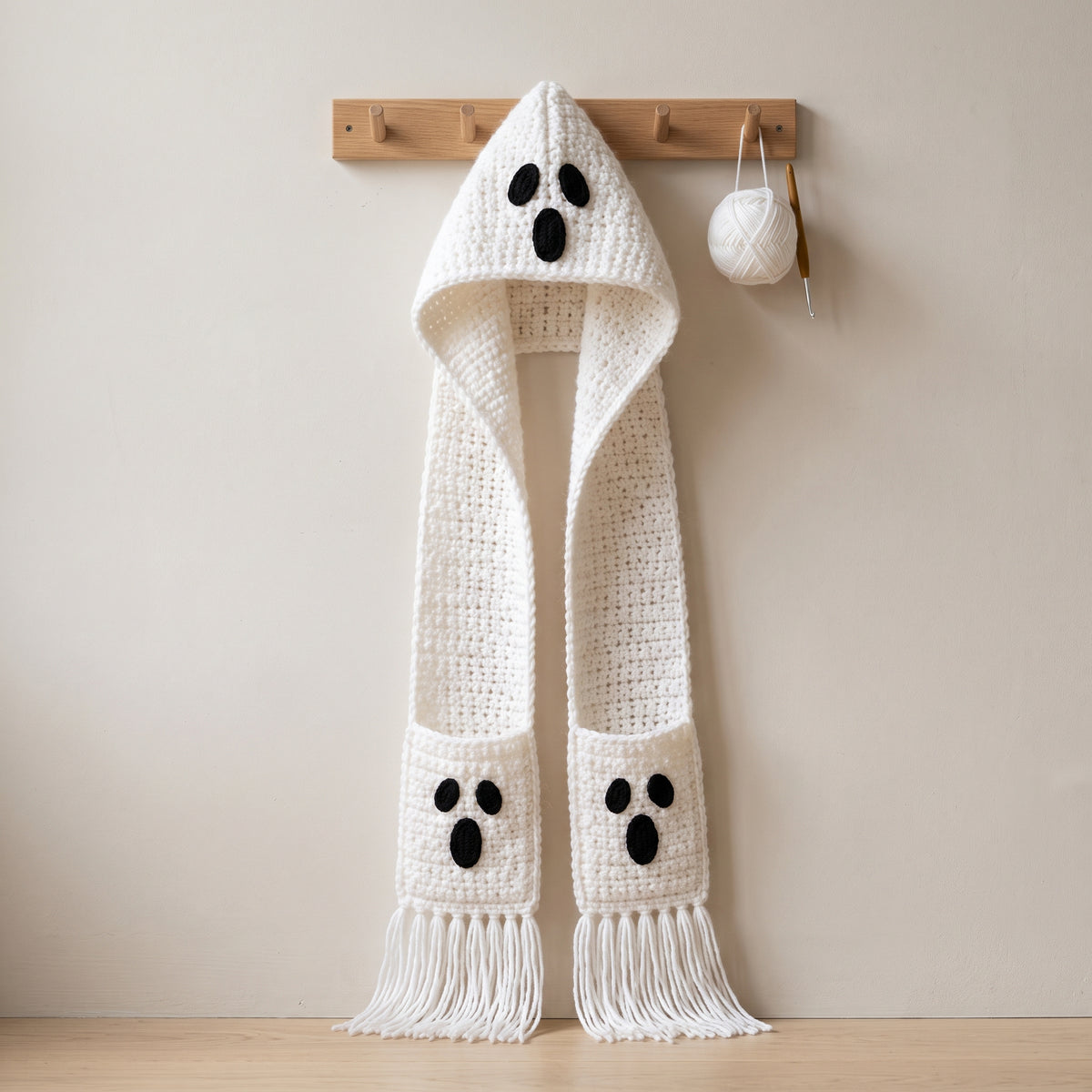 Halloween Hooded Scarf Add-On Crochet Pattern PDF, Ghost, Pumpkin, Bat and Black Cat Appliques, Pocket Motifs