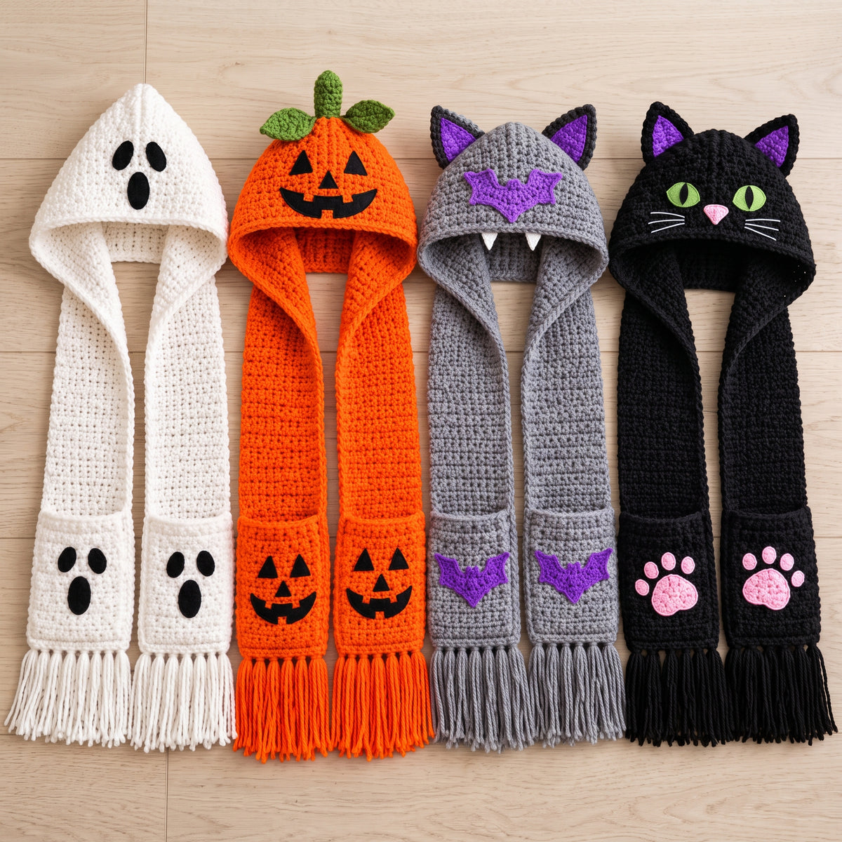 Halloween Hooded Scarf Add-On Crochet Pattern PDF, Ghost, Pumpkin, Bat and Black Cat Appliques, Pocket Motifs