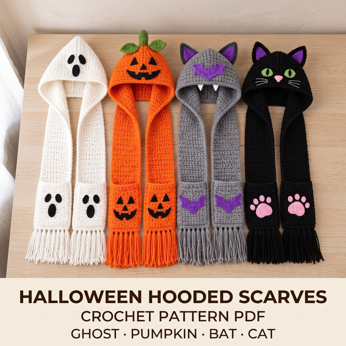 Halloween Hooded Scarf Add-On Crochet Pattern PDF, Ghost, Pumpkin, Bat and Black Cat Appliques, Pocket Motifs