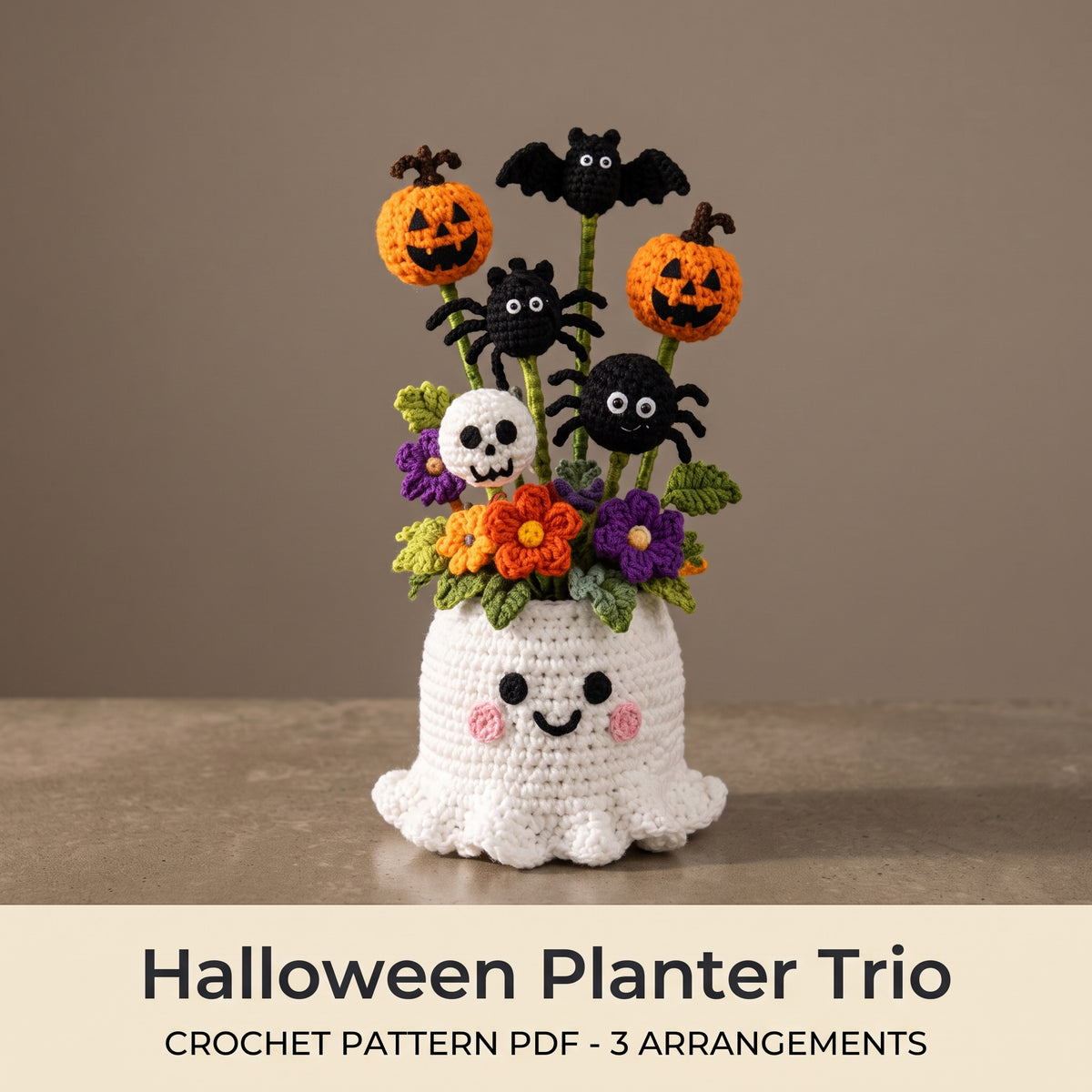 Halloween Crochet Pattern PDF, 3 Flower Pot Planters, Ghost Pumpkin