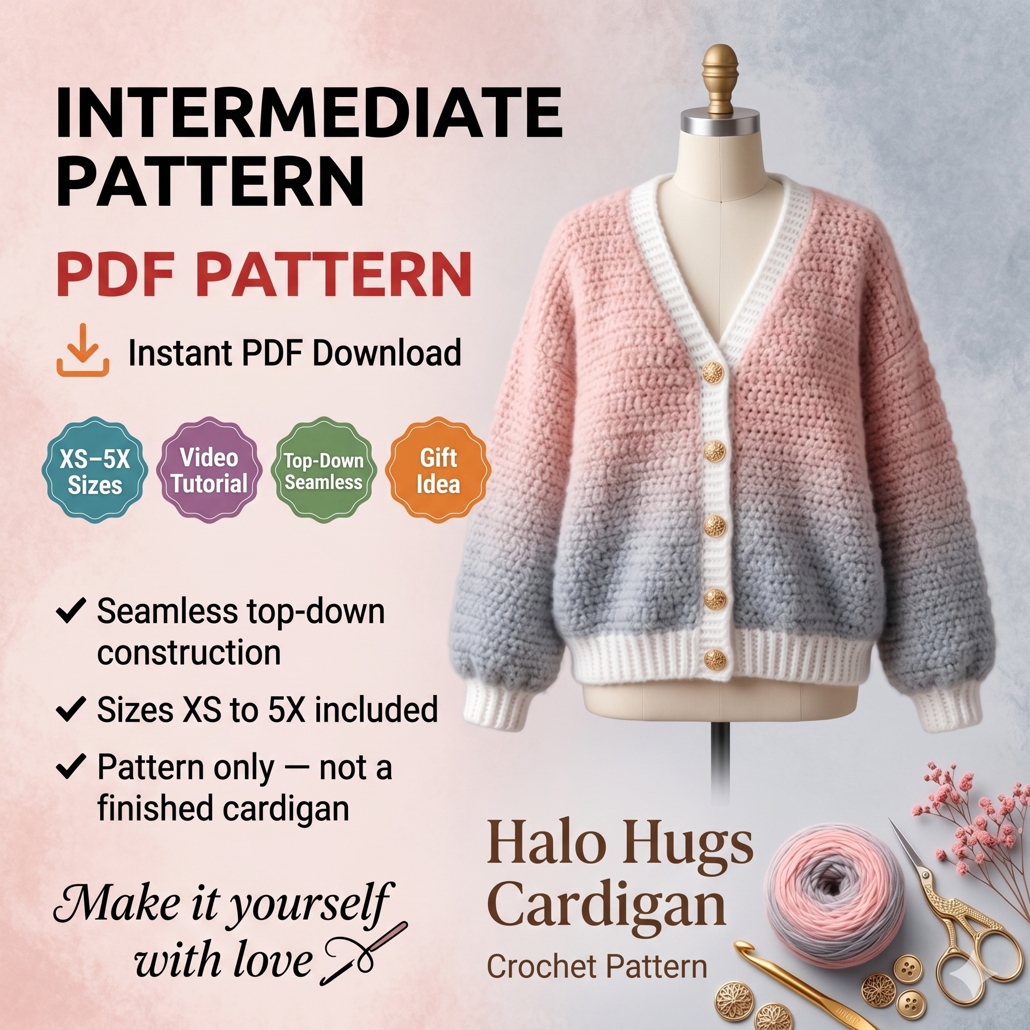 CROCHET PATTERN & VIDEO/ Halo Hugs Cardigan, Crochet Cardigan Pattern, Top-Down Cardigan, Seamless Cardigan, Xs-5X, Easy Cardigan, Pdf
