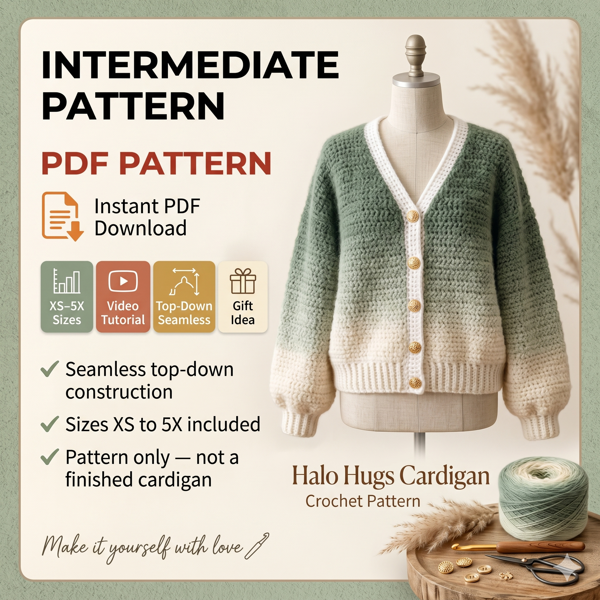 CROCHET PATTERN & VIDEO/ Halo Hugs Cardigan, Crochet Cardigan Pattern, Top-Down Cardigan, Seamless Cardigan, Xs-5X, Easy Cardigan, Pdf
