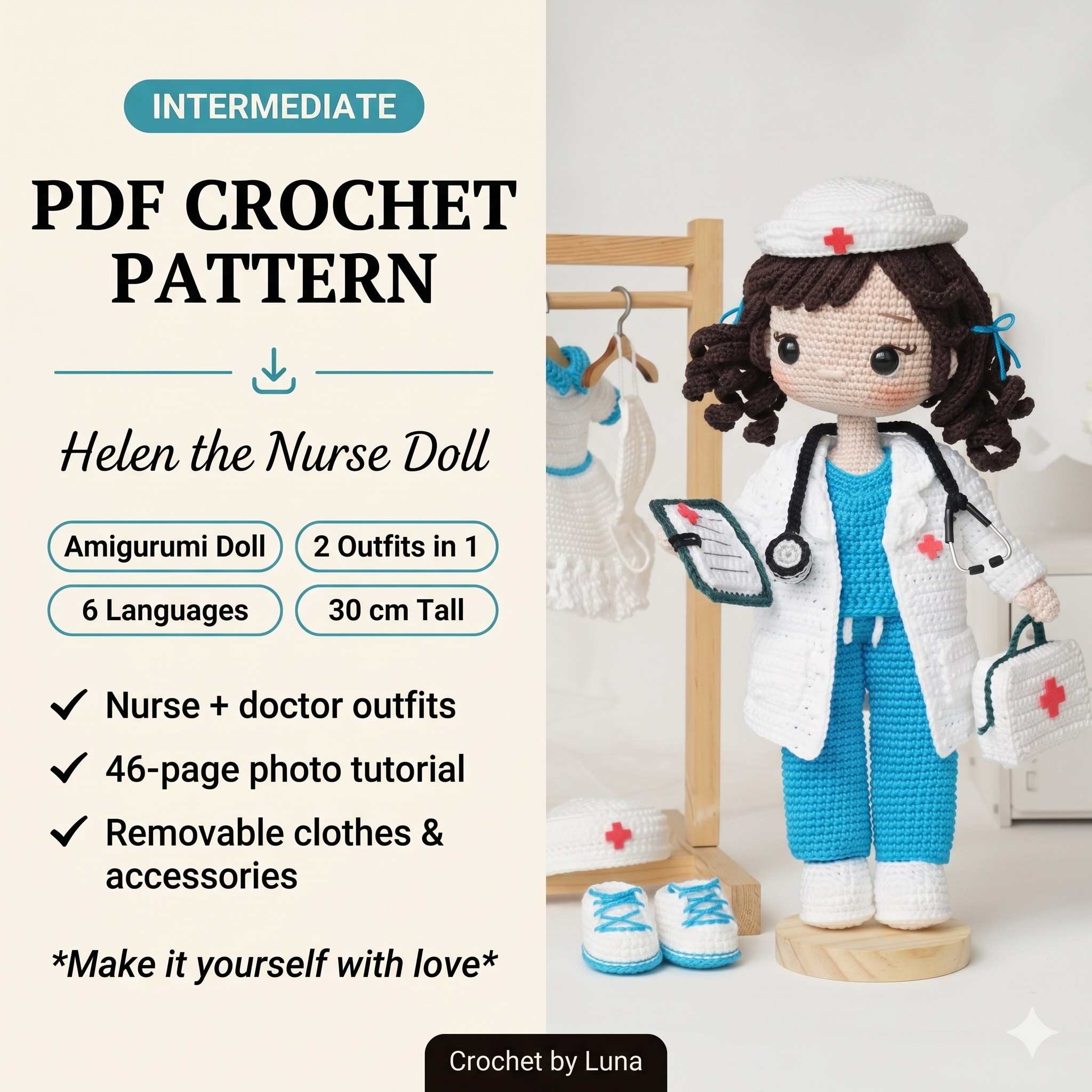 Helen the Nurse — Crochet Amigurumi Pattern (PDF) | 2-in-1 Nurse & Doctor Doll